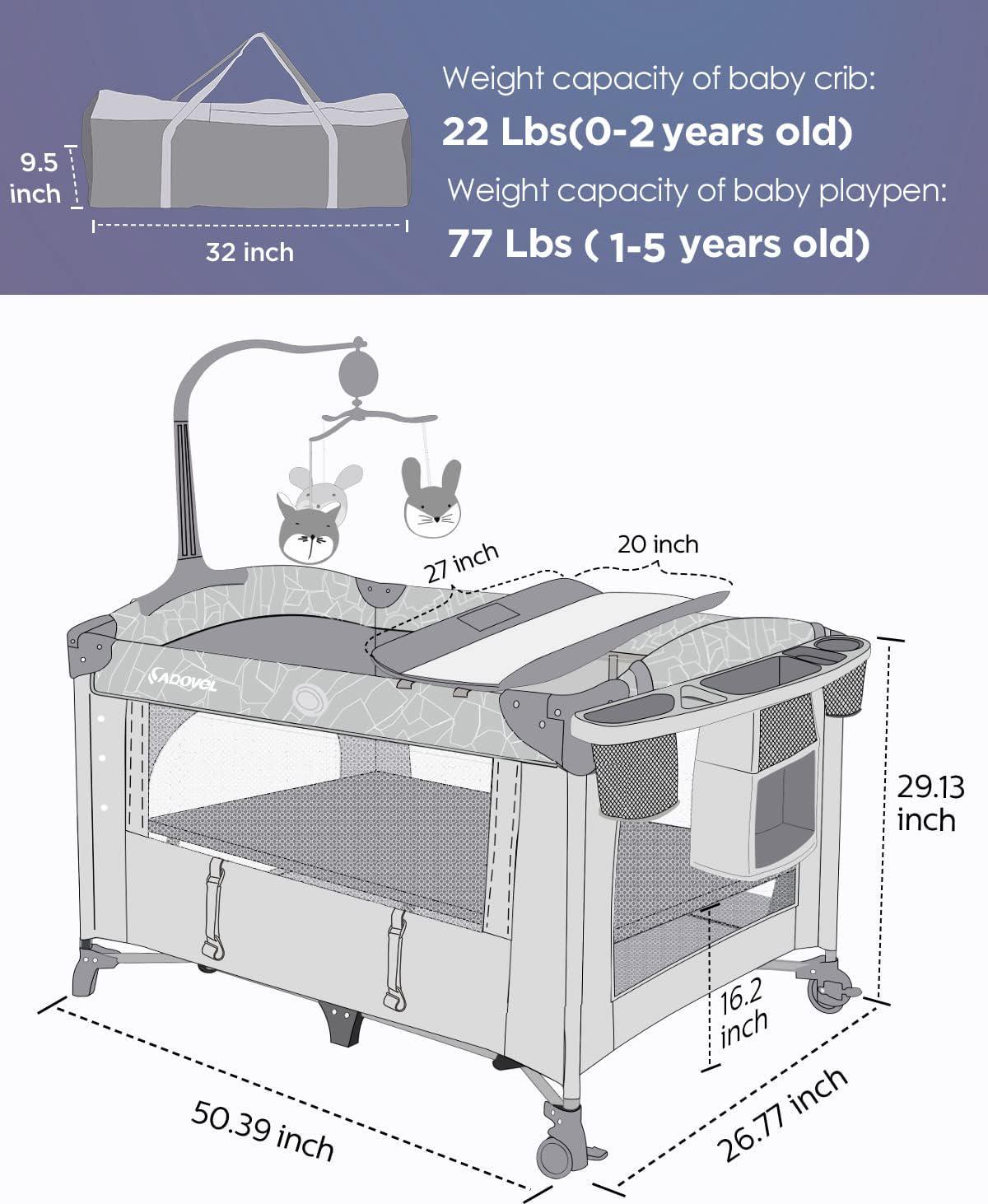 Baby Bassinet Bedside Crib, Pack and Play with Mattress, Diaper Changer and Playards from Newborn to Toddles, Grey