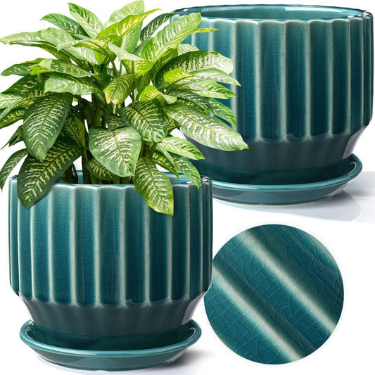 AISBUGUR PlantÂ PotsÂ 6 inch Ceramic Pots for Indoor Plants Set of 2 Flower Pots Unique Crackle Glaze Design Plant Pots with Drainage Hole and Saucer Come with Drainage Nets (Aqua Green)-