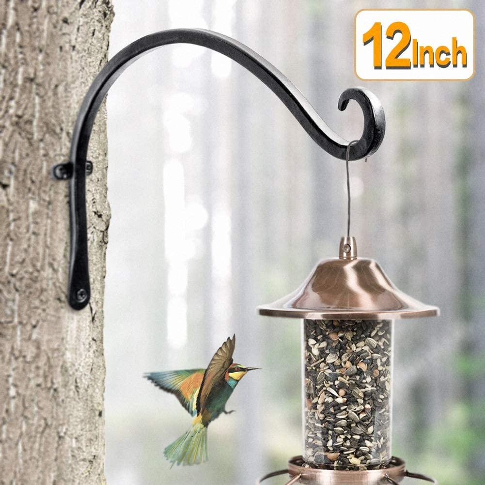 AJART Hanging Plant Hanger Outdoor: 12-Inch Bird Feeder Wall Hooks - Black Metal Plant Bracket Hook for Hanging Flower Baskets