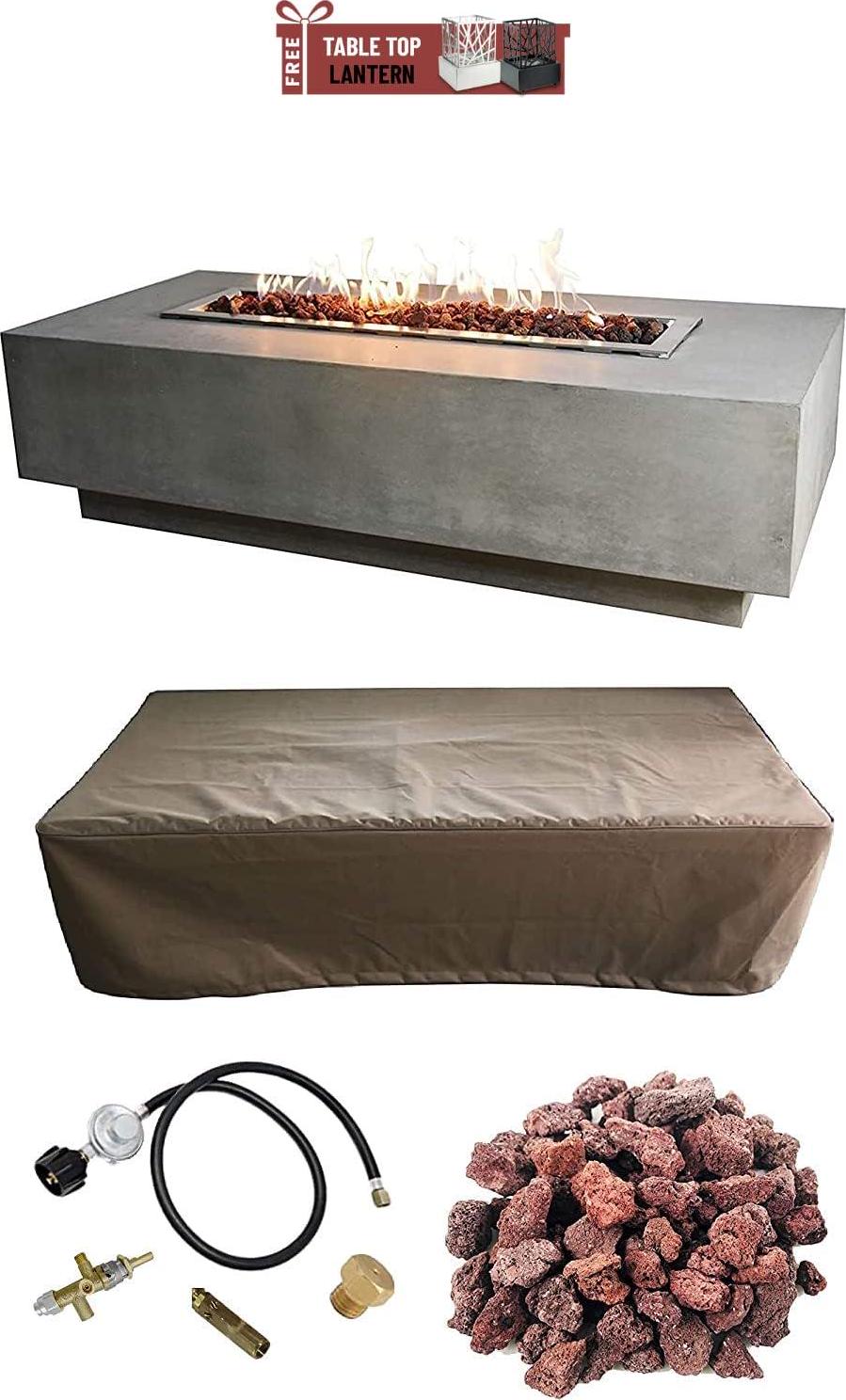 AMS Fireplace | Elementi | Large Gas Fire Pit Table for Outside Patio | Cover and Lava Rocks Included | Free Bio-Ethanol Tabletop Lantern | Fuel: Natural Gas, Granville - Light Grey-