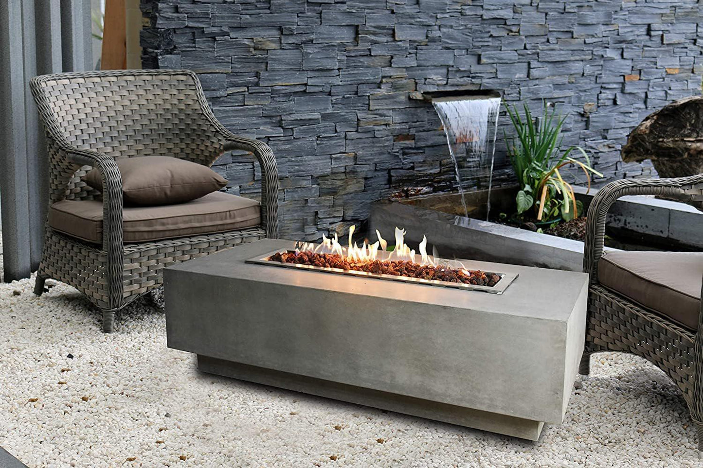 AMS Fireplace | Elementi | Large Gas Fire Pit Table for Outside Patio | Cover and Lava Rocks Included | Free Bio-Ethanol Tabletop Lantern | Fuel: Natural Gas, Granville - Light Grey