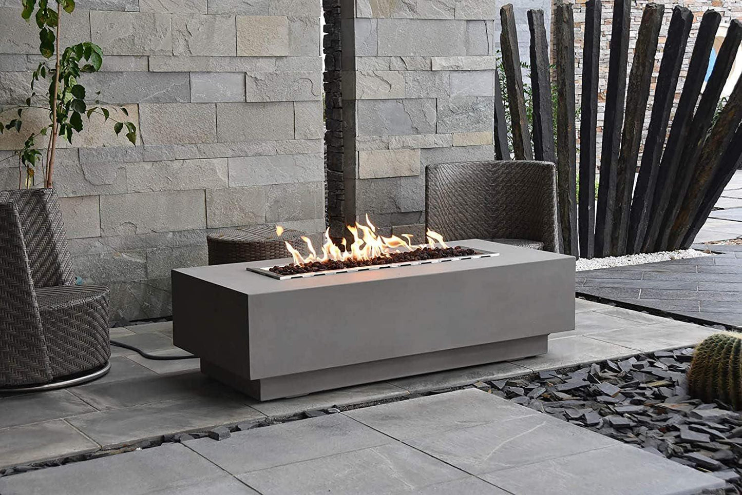 AMS Fireplace | Elementi | Large Gas Fire Pit Table for Outside Patio | Cover and Lava Rocks Included | Free Bio-Ethanol Tabletop Lantern | Fuel: Natural Gas, Granville - Light Grey