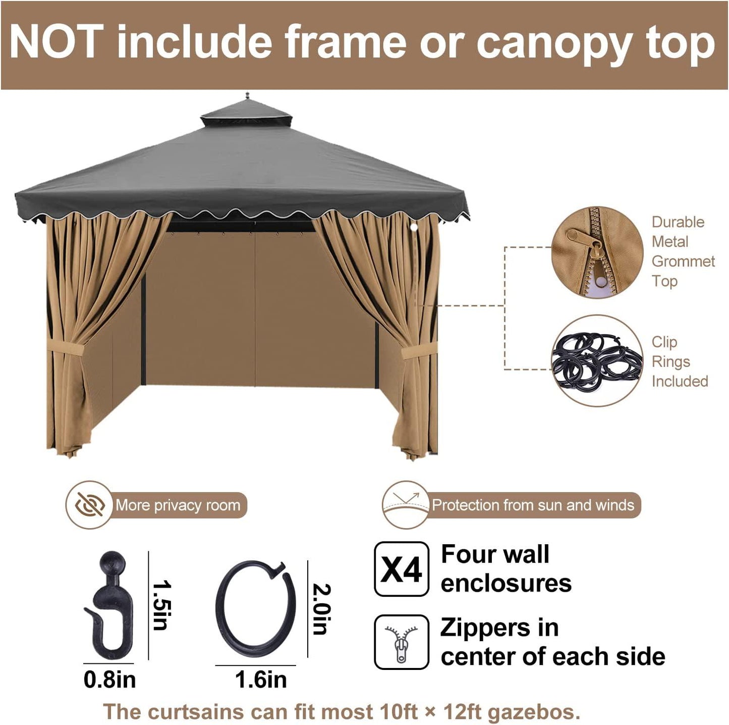 AONEAR Gazebo Privacy Curtains with Zipper 4-Panels Side Wall Universal Replacement for Patio, Outdoor Canopy, Garden and Backyard (Curtain Only) (10'x 12')