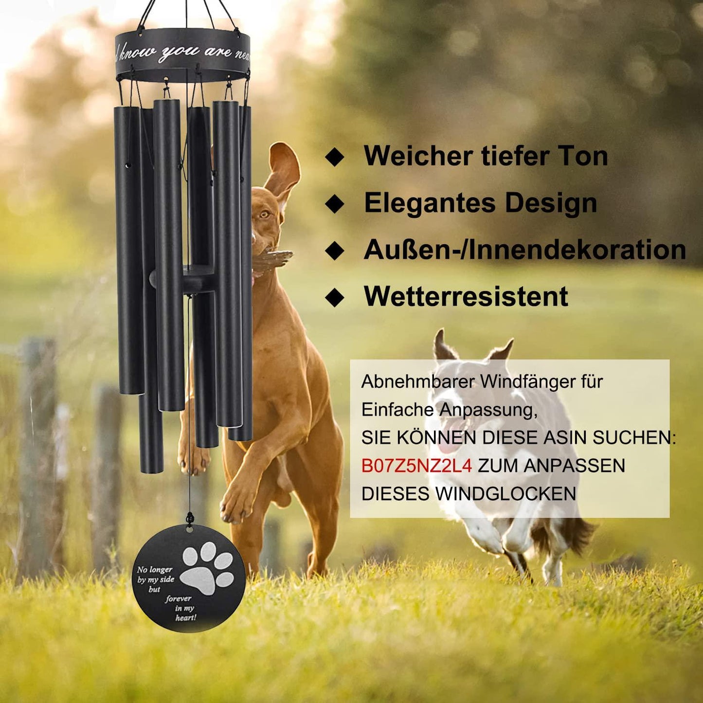 Pet Memorial Wind Chime, 30 Inches Paw Print Pet Remembrance Gift to Honor and Remember a Dog, Cat, or Other Pet, Premium Metal Wind Chime, Black