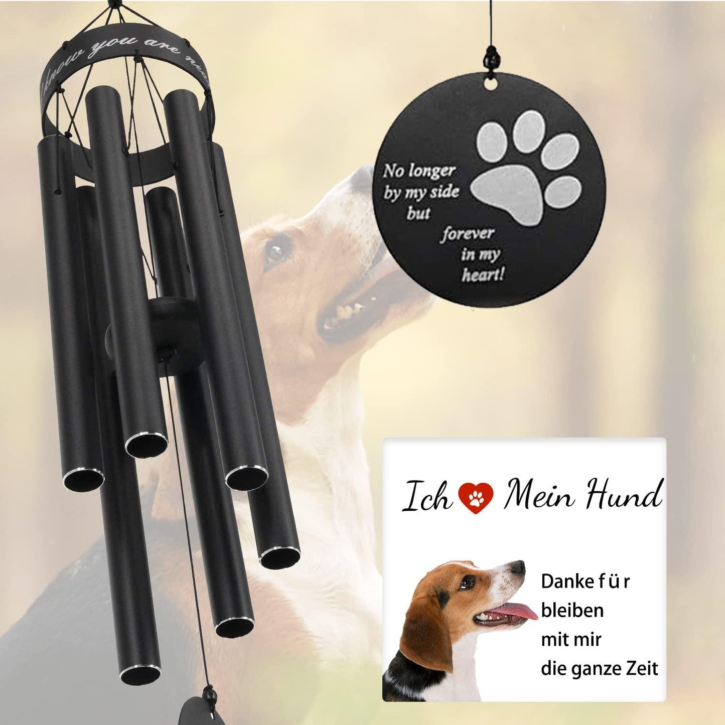 Pet Memorial Wind Chime, 30 Inches Paw Print Pet Remembrance Gift to Honor and Remember a Dog, Cat, or Other Pet, Premium Metal Wind Chime, Black