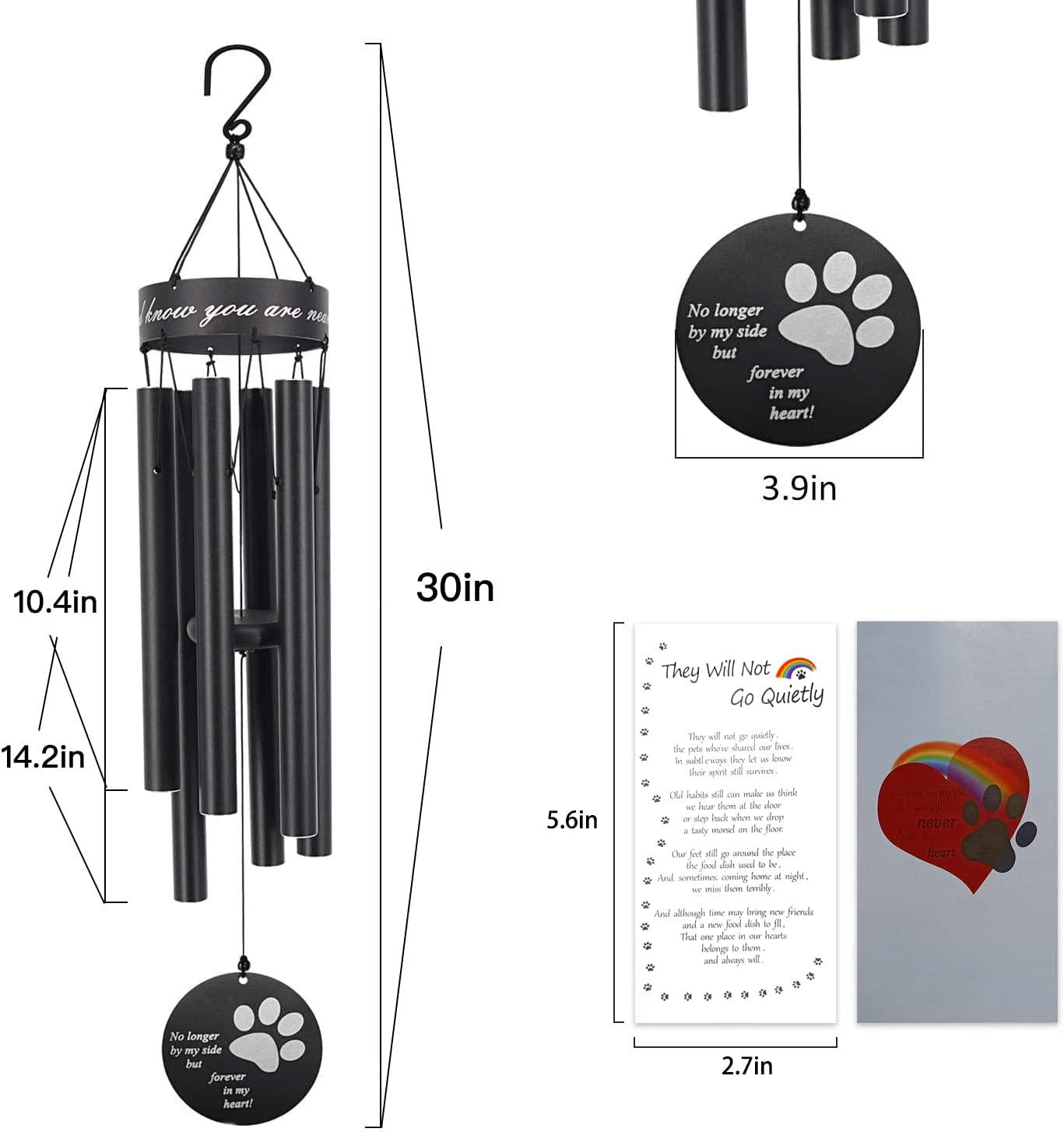 Pet Memorial Wind Chime, 30 Inches Paw Print Pet Remembrance Gift to Honor and Remember a Dog, Cat, or Other Pet, Premium Metal Wind Chime, Black