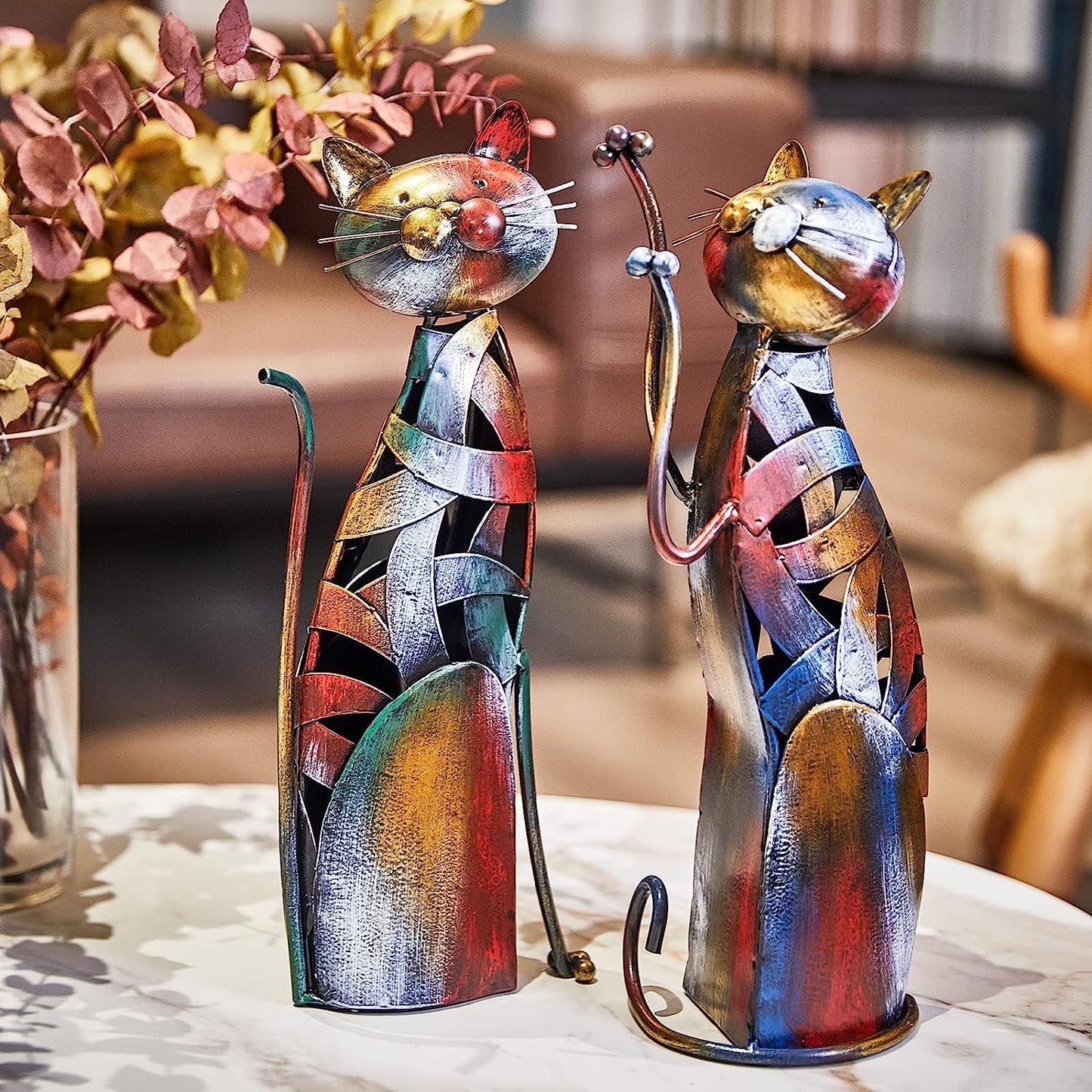 13.5 H Cat Statue - Metal Iron Cat Figurine Kitchen Décor Oil Painting Color Finish Sculpture Gift for Dining Room Living Room Kitchen Garden Patio Lawn (13.5 H Cat)
