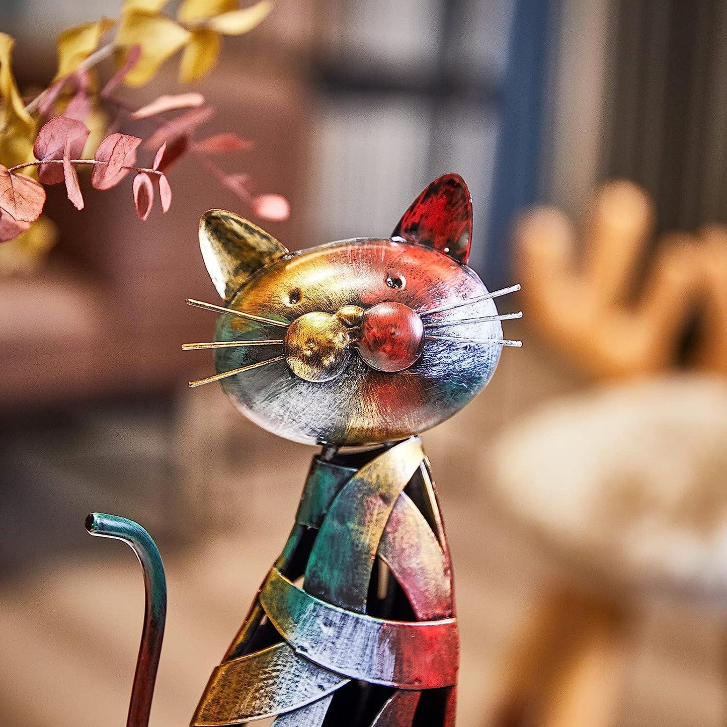 13.5 H Cat Statue - Metal Iron Cat Figurine Kitchen Décor Oil Painting Color Finish Sculpture Gift for Dining Room Living Room Kitchen Garden Patio Lawn (13.5 H Cat)