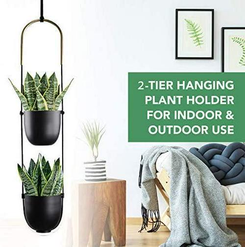 Abetree Modern Metal Hanging Planter for Indoor Outdoor Plants with Hook 2 Tier Boho Wall and Celling Flower Pot Plant Holder Home Decor