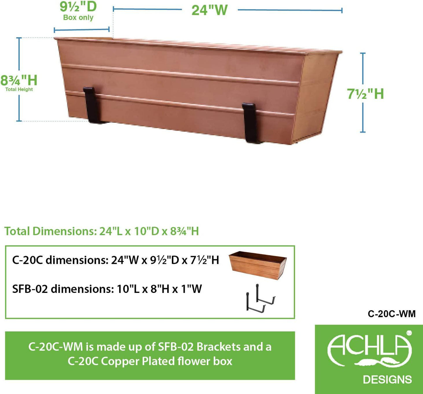 Achla Designs C-20C-WM Medium Copper Flower Wall Window Box with Brackets