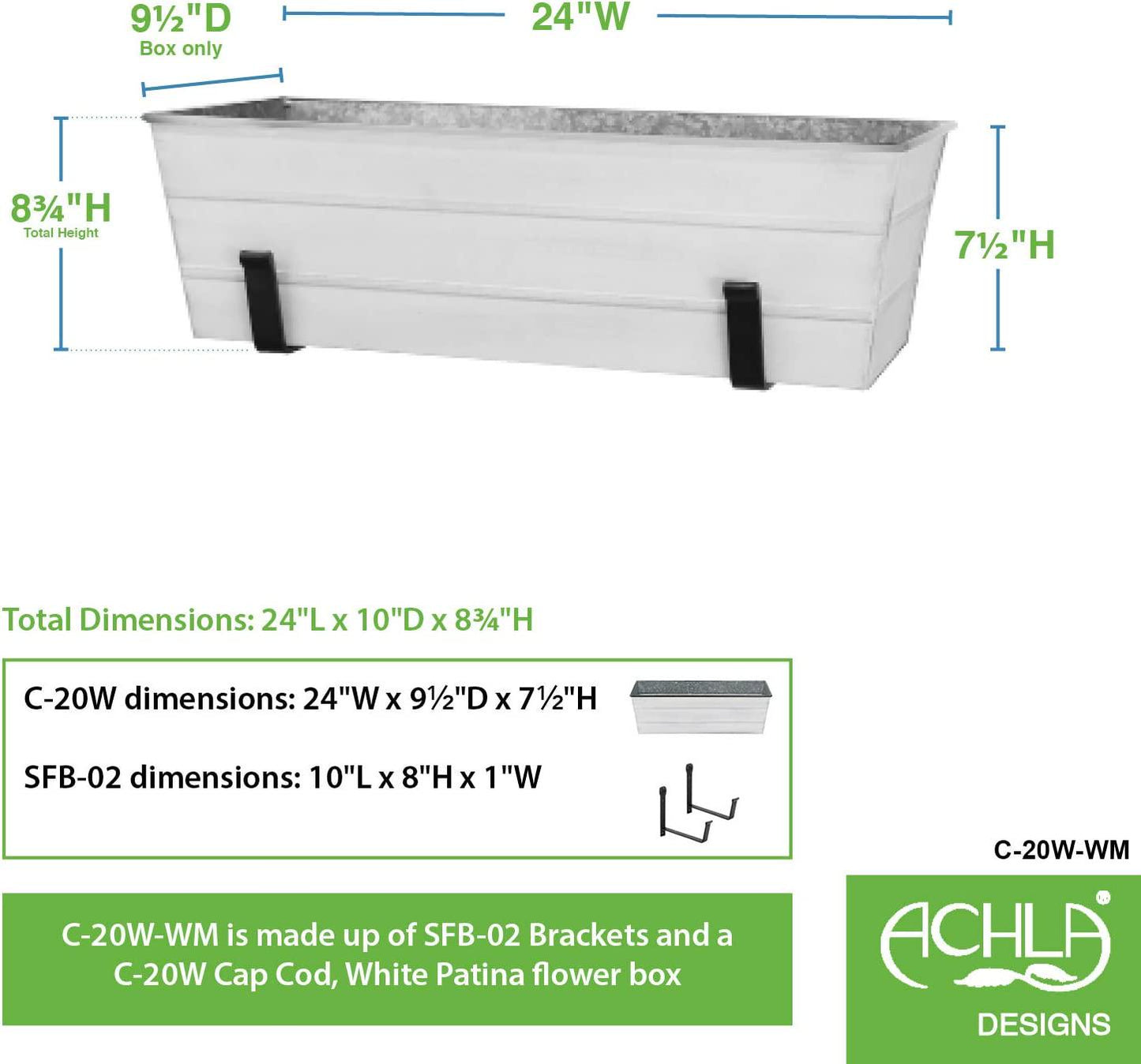 Achla Designs C-20W-WM Medium White Flower Wall Window Box with Brackets