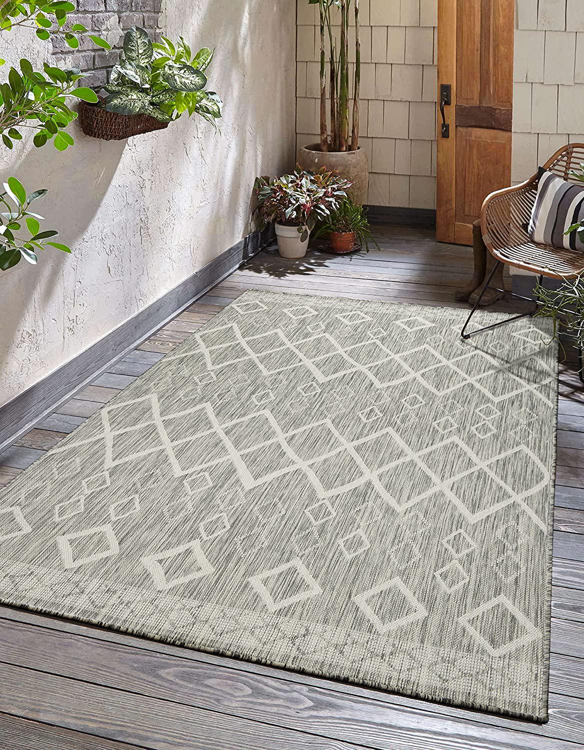 Adiva Rugs Outdoor Indoor Area Rug, Weather Resistant, Easy to Clean, Stain Resistant Floor Mat for Dining Room, Backyard, Deck, Patio (Silver Weiss,-