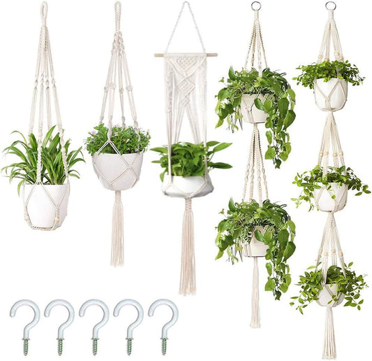 AerWo 5 Pack Macrame Plant Hanger Outdoor Indoor Hanging Planters + 5 Hooks, Hanging Plant Holder Basket Decorative Macromay Plant Hanger for Boho Home Decor (Different Tiers, 5 Sizes)-