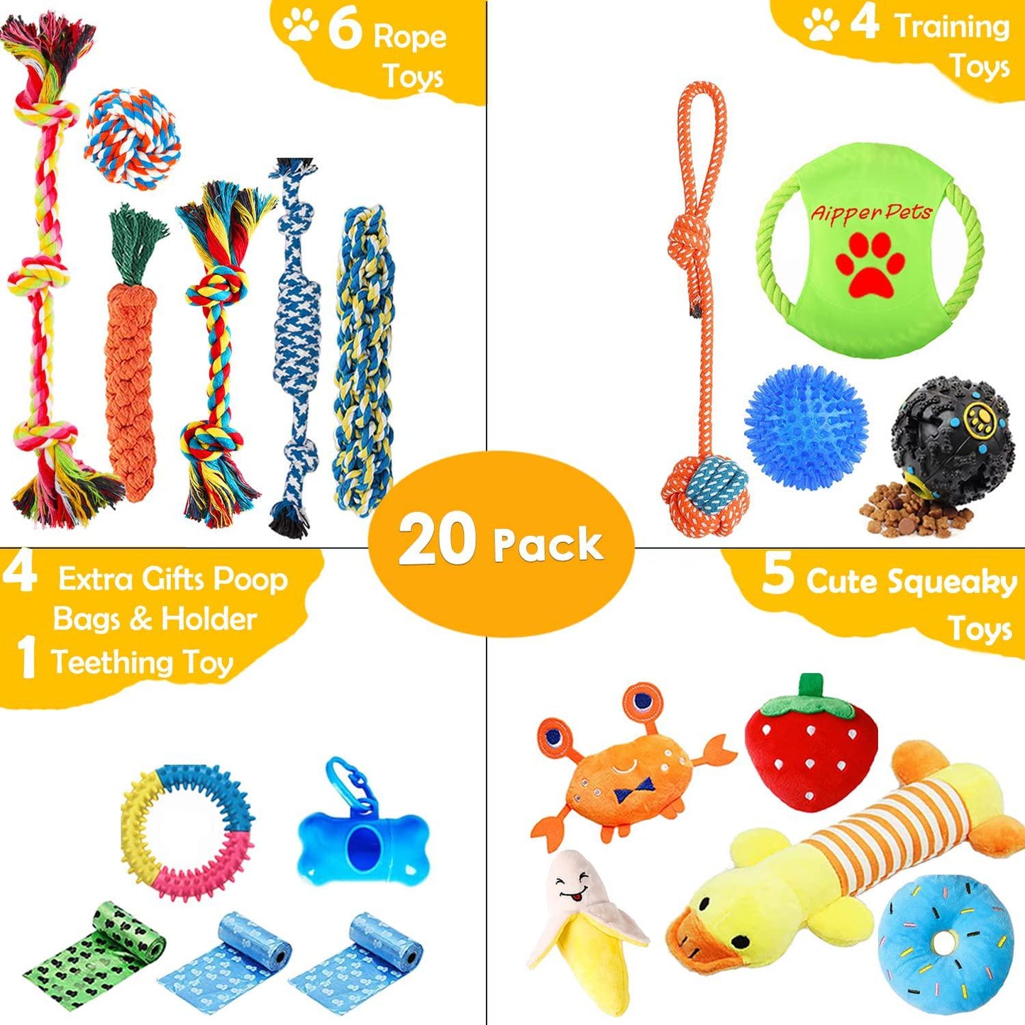 Dog Puppy Toys 20 Pack, Puppy Chew Toys for Fun and Teeth Cleaning, Dog Squeak Toys,Treat Dispenser Ball, Tug of War Toys