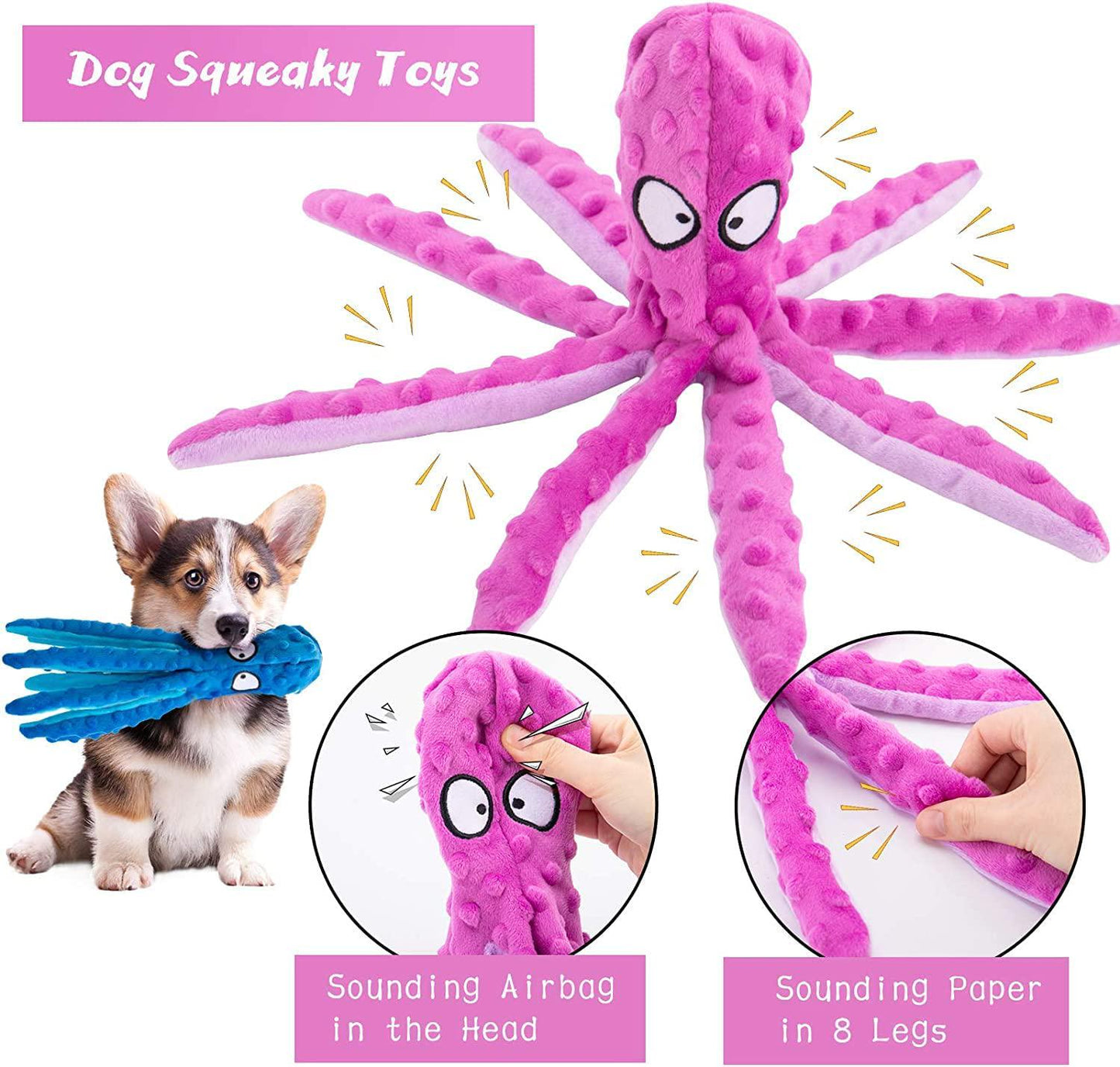 Squeaky Dog Toys, Octopus Toys for Aggressive Chewers, Tough No Stuffing Plush Large Dogs, Crinkle Interactive Puppy Small Medium Dogs(3pcs)