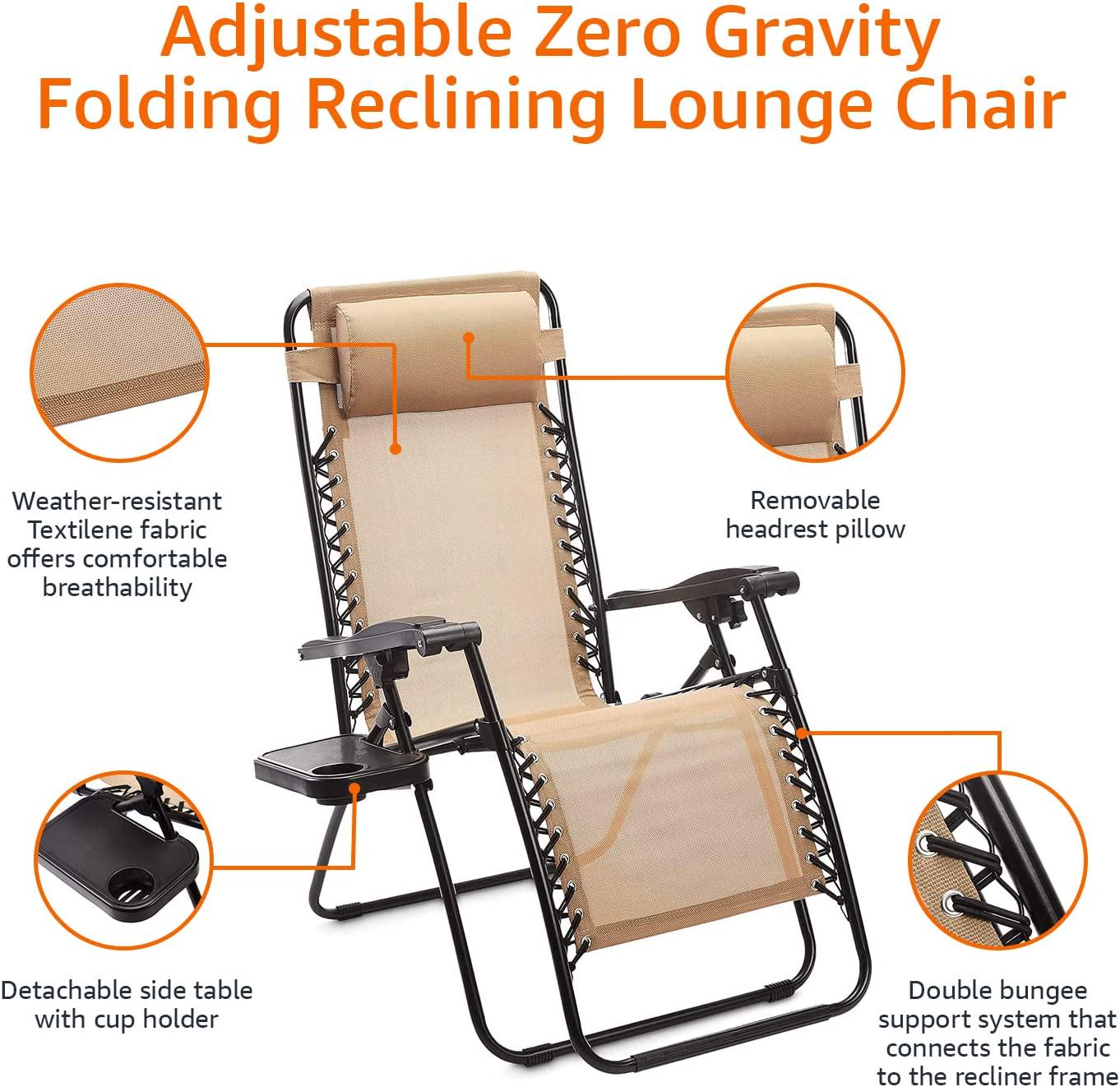 Zero Gravity Chair with Side Table, Set of 2, Beige