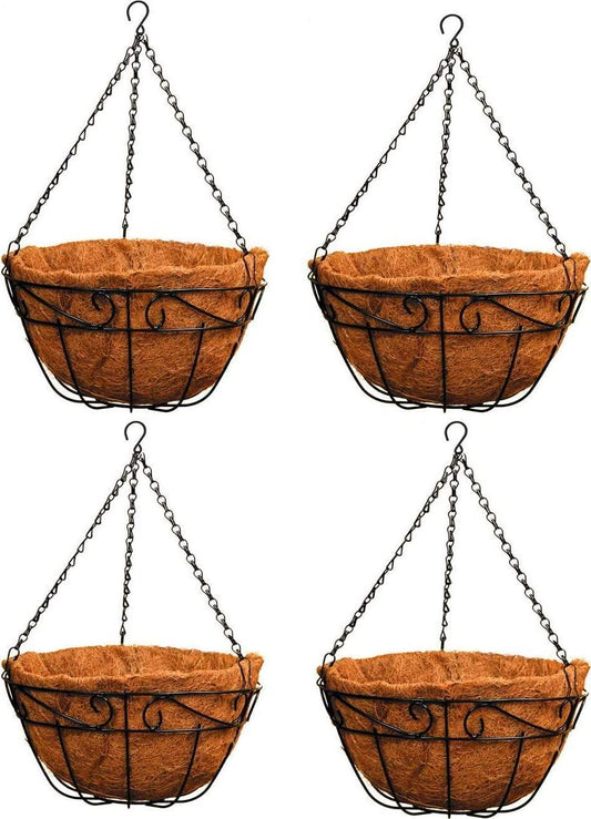 Ashman Metal Hanging Planter Basket with Coco Coir Liner Round Wire Plant Holder Chain Porch Decor Flower Pots Hanger Garden Decoration Indoor Outdoor Watering Hanging Baskets (4)-