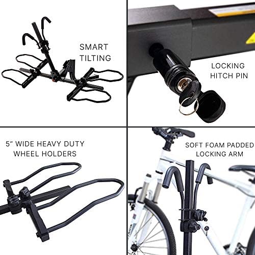 KR-BRDUBK Heavy Duty K2 Sport 2 Inch Hitch Rear Mounted 2-Bike Bike Rack with Locking Hitch Pin, Smart Tilt Feature, and 120 Pound Capacity, Black