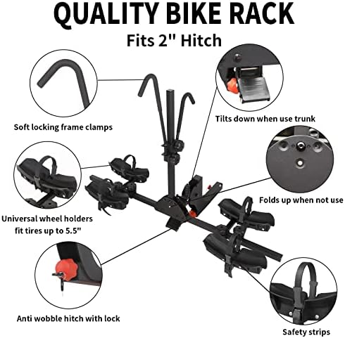 2 E Bike Rack Hitch Mounted, Wobble Free Smart Tilting Folding 2 Bicycle Electric Bike Racks, 2 Hitch Fits Up to 150 lbs Capacity