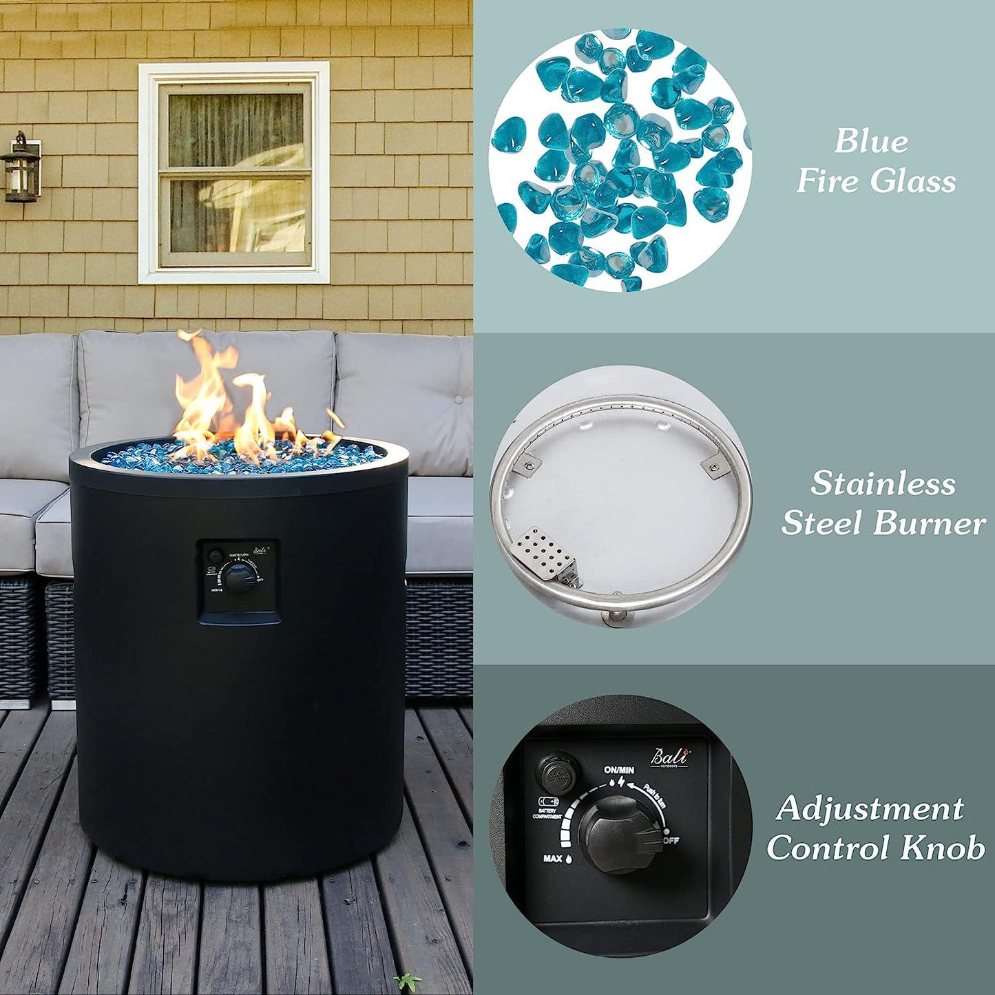 Round Propane Fire Pit Table Gas Firepit 23Inch Round Gas Fire Pit 50,000 BTU with Fire Glass