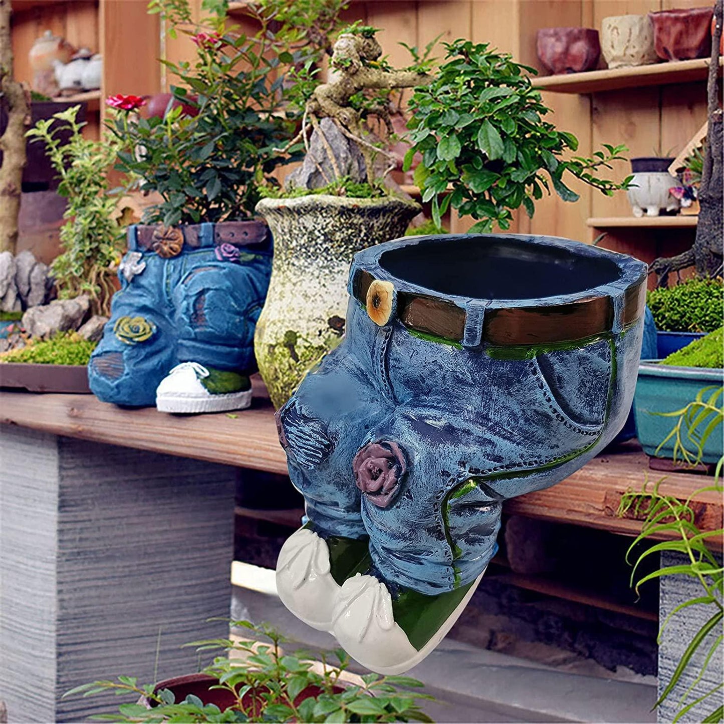 BEFOKA Outdoor Flower Pot, Creative Denim Pants Resin Flower Pot Garden Denim Flower Pot Decoration Outdoor Indoor Garden Planters Pots