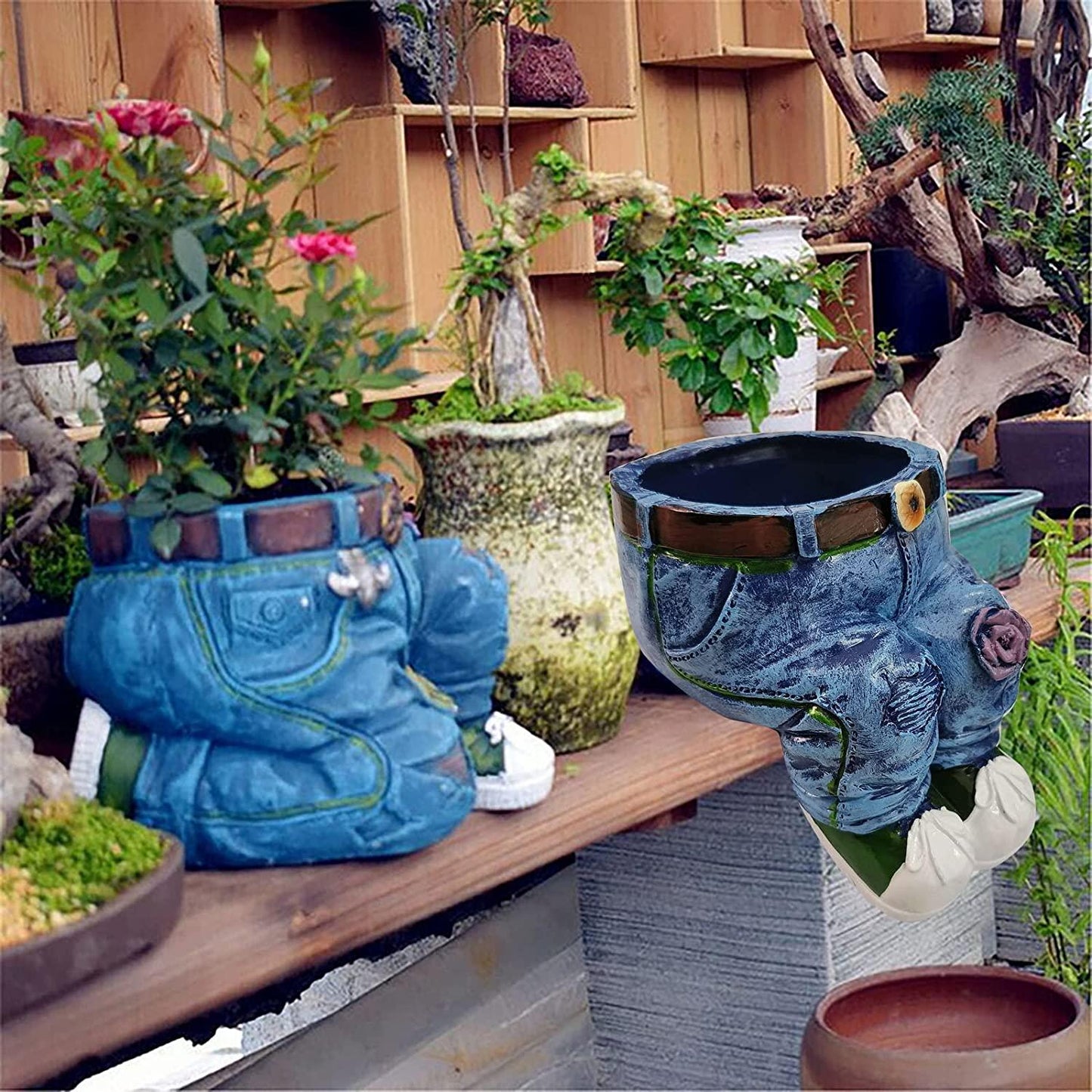 BEFOKA Outdoor Flower Pot, Creative Denim Pants Resin Flower Pot Garden Denim Flower Pot Decoration Outdoor Indoor Garden Planters Pots