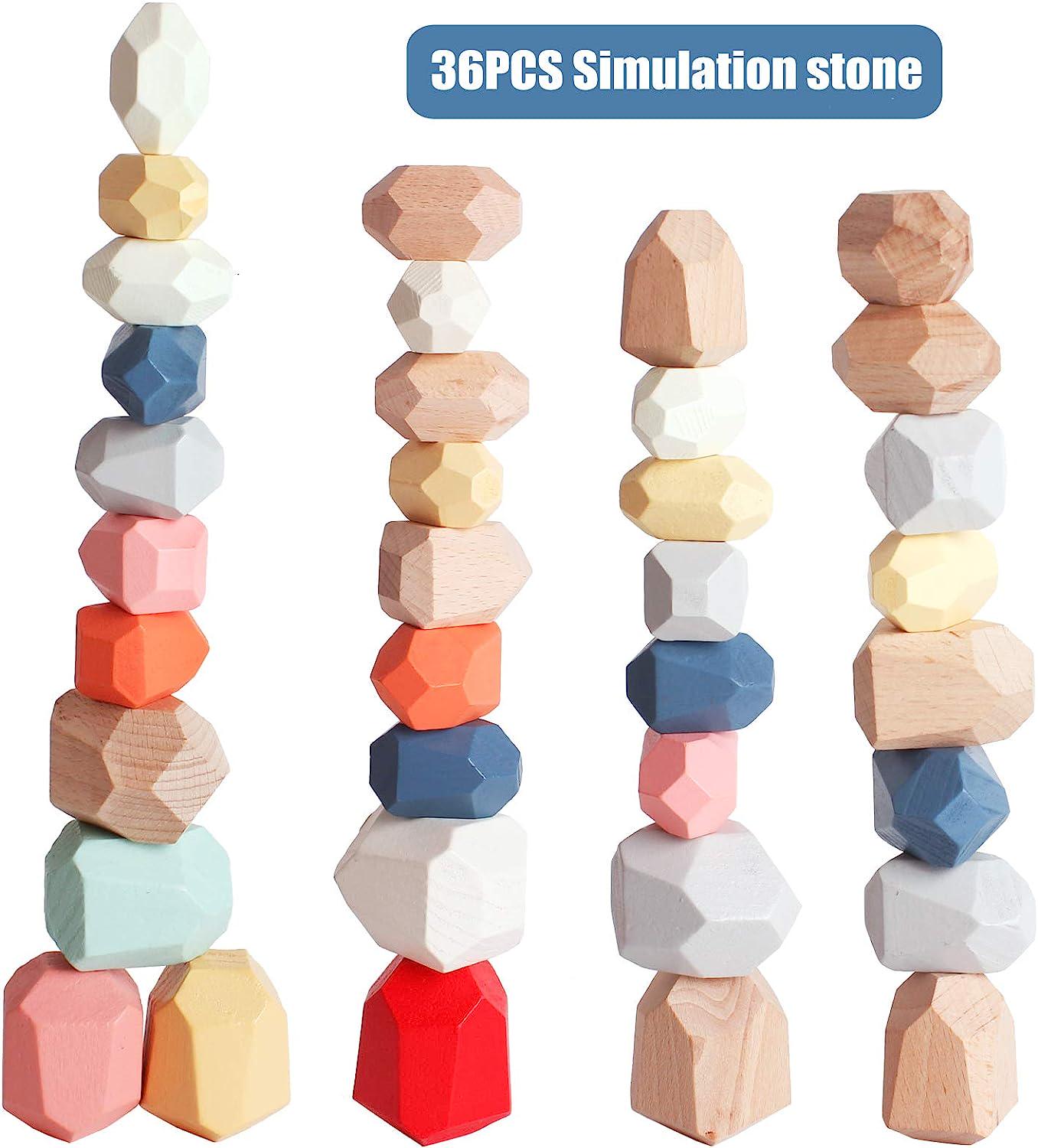 BESTAMTOY 36 PCS Wooden Sorting Stacking Rocks Stones,Safe for Ages 1+