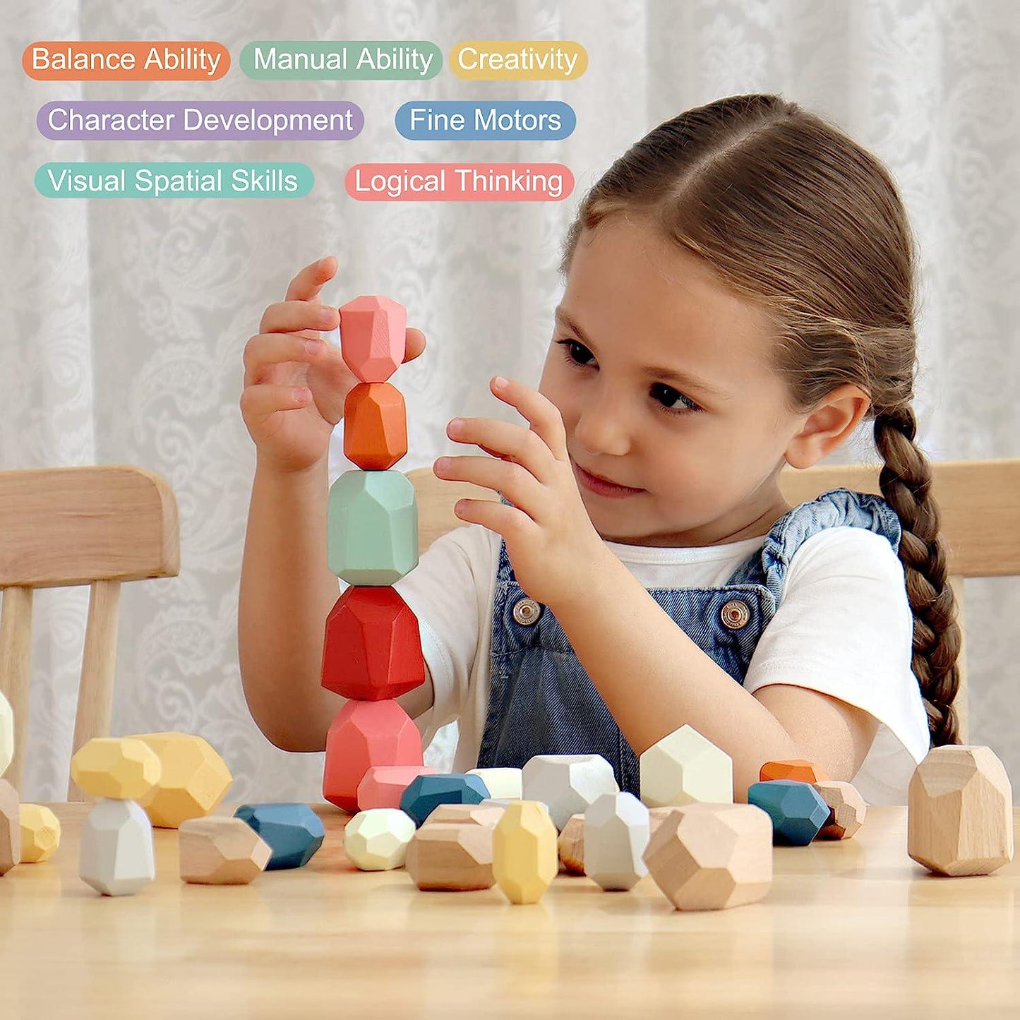 BESTAMTOY 36 PCS Wooden Sorting Stacking Rocks Stones,Safe for Ages 1+