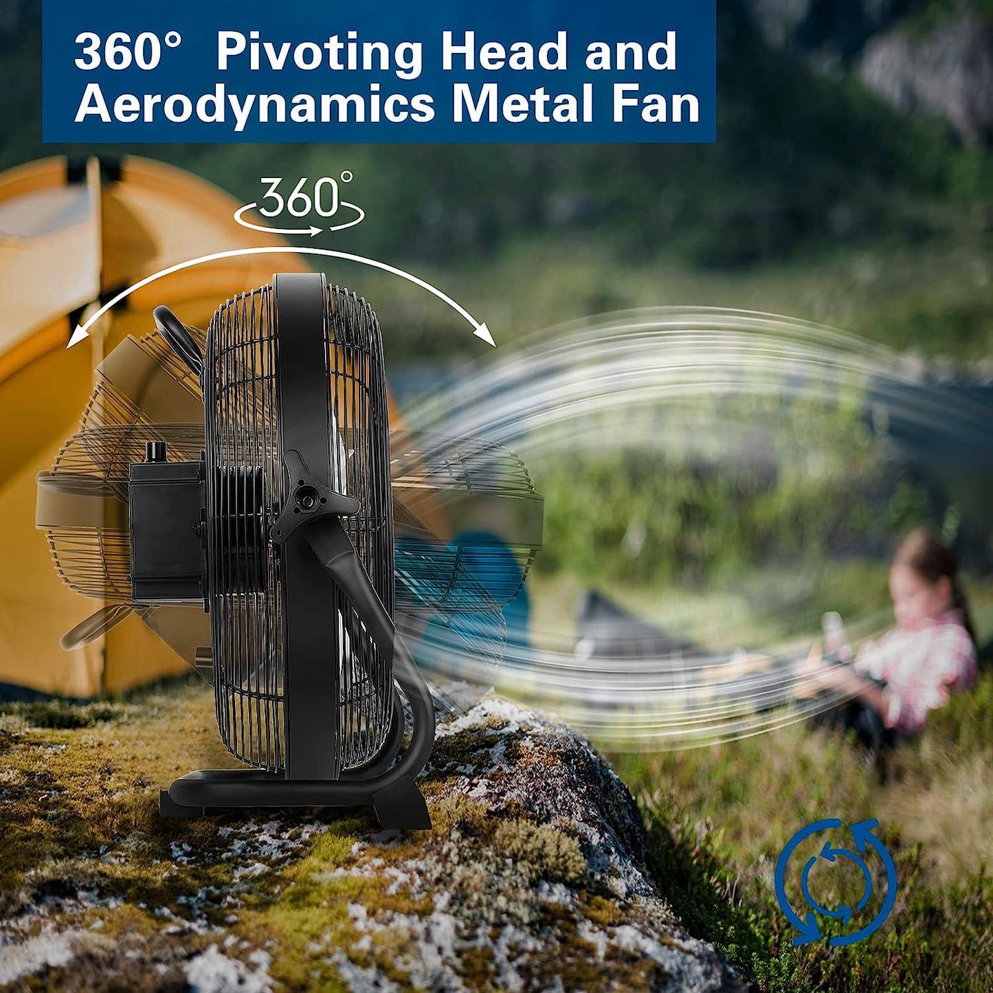 12 Rechargeable Battery Operated Outdoor Floor Fan, 15600mAh Battery Powered High Velocity Portable Fan with Metal Blade, USB Output