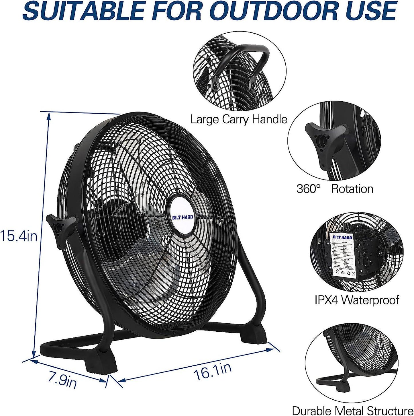 12 Rechargeable Battery Operated Outdoor Floor Fan, 15600mAh Battery Powered High Velocity Portable Fan with Metal Blade, USB Output