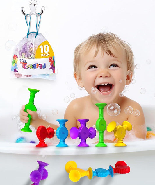 BUNMO Textured Suction Bath Toys 10pcs | Connect, Build, Create | No Mold Bath Toy | Hours of Fun and Creativity-