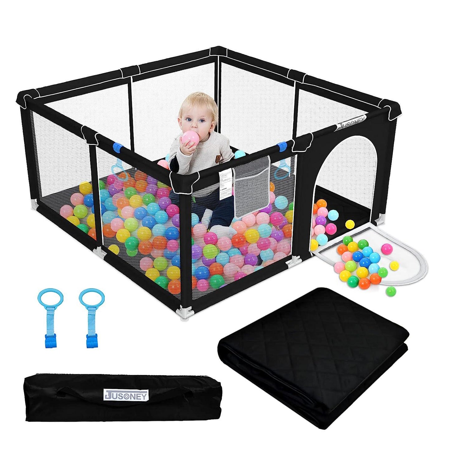 Baby Playard,Baby Playpen with Mat,50 ×50 Baby Playpen for Toddler with Gate, Indoor and Outdoor Playard for Kids Activity Center with Anti-Slip Base,Sturdy Safety,Soft Breathable Mesh-Black-