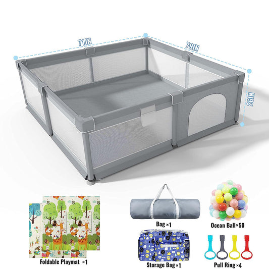 Baby Playpen 79 X 71 , LUTIKIANG Play Yard for Babies and Toddlers with Mat, Safety Extra Large Baby Fence Area, Indoor and Outdoor Kids Activity Play Center with Anti-Slip Suckers and Zipper Gate.-