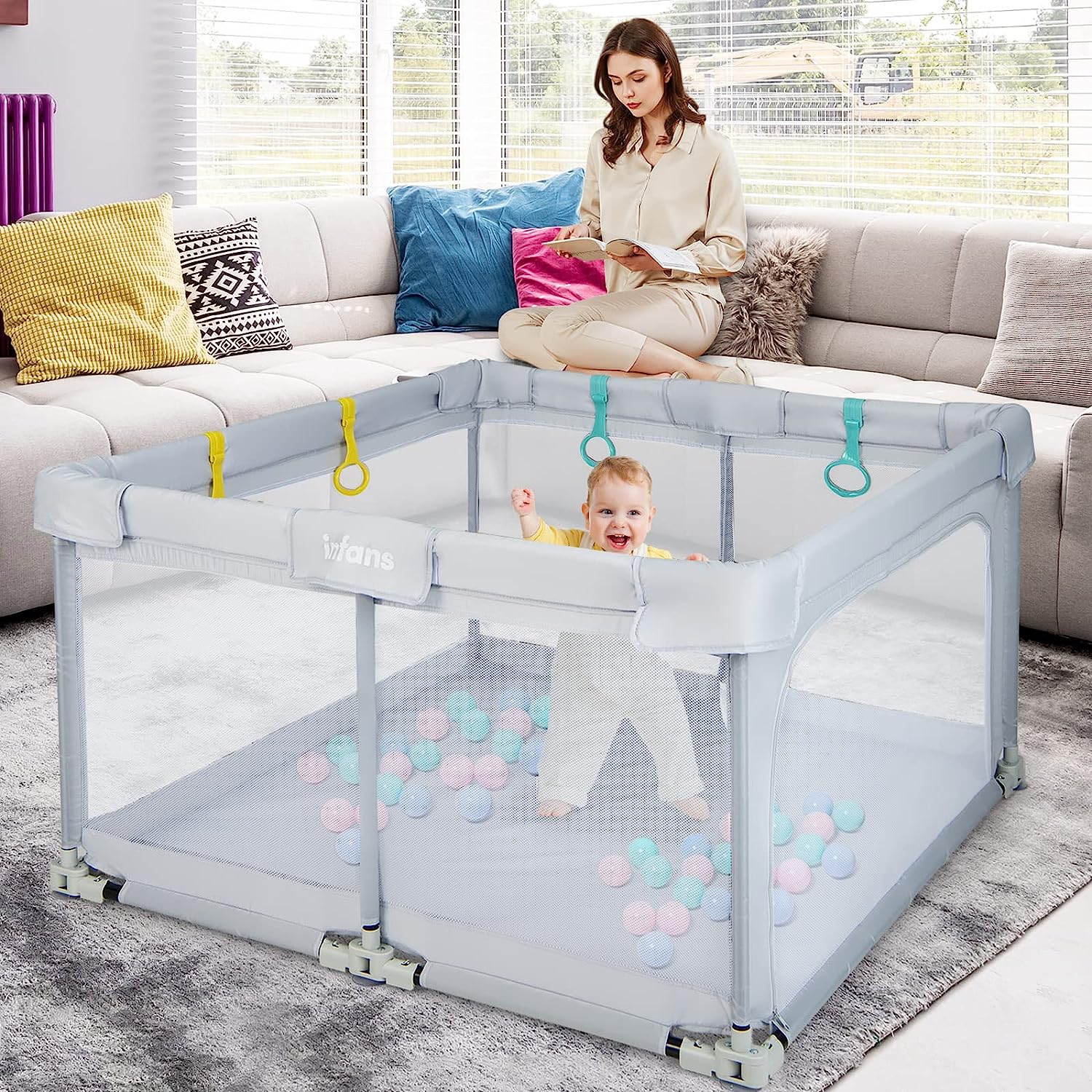 Baby Playpen Foldable, 50 x50 Large Baby Playard for Toddlers with Gate, Soft Visible Mesh, Indoor Outdoor Kids Activity Center Baby Fence with 4 Handlers 50 Ocean Balls (Gray)-