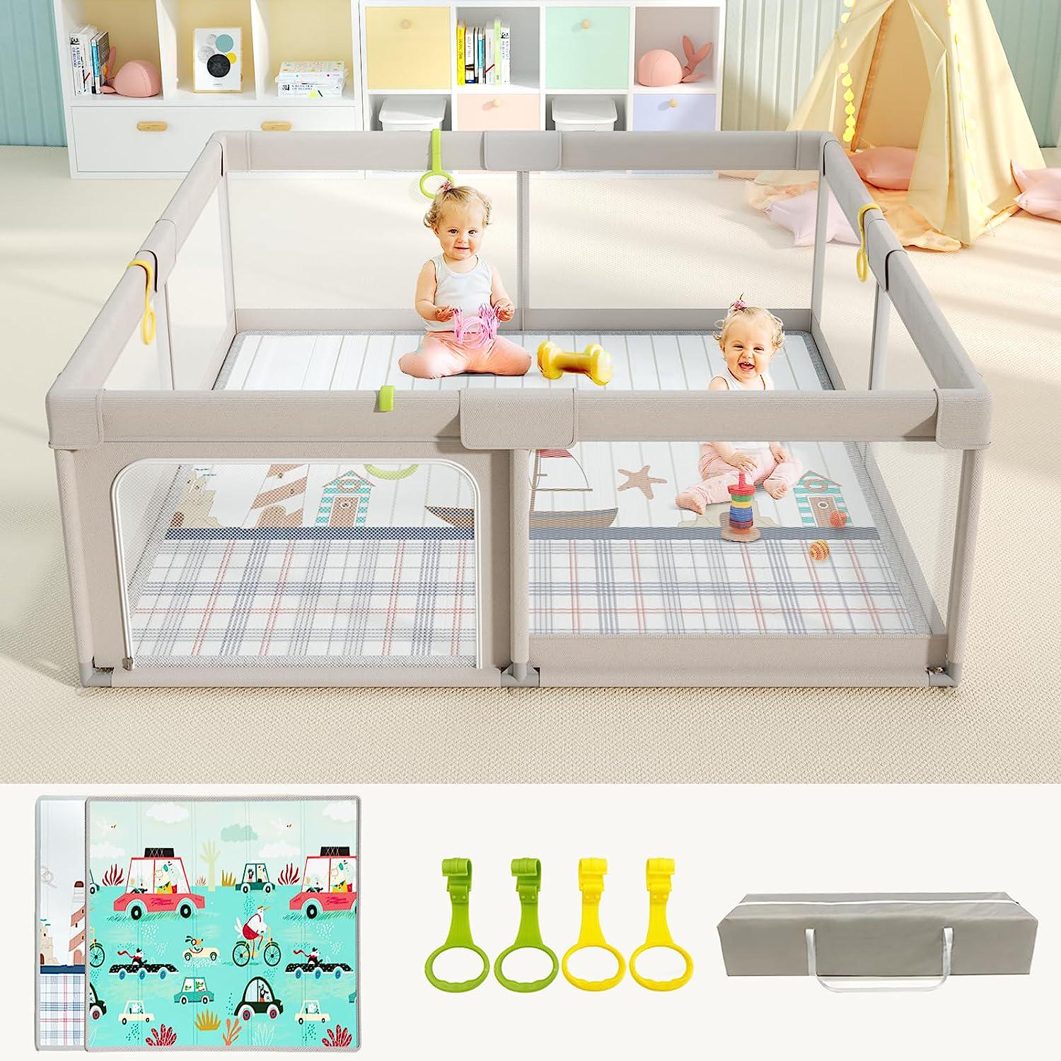Baby Playpen with Mat, 59x59inch Playpen for Babies and Toddlers, Extra Large Baby Playpen,Kids Play Pen,Baby Fence,Big Playpen for Infants with Gate,Playard for Baby-