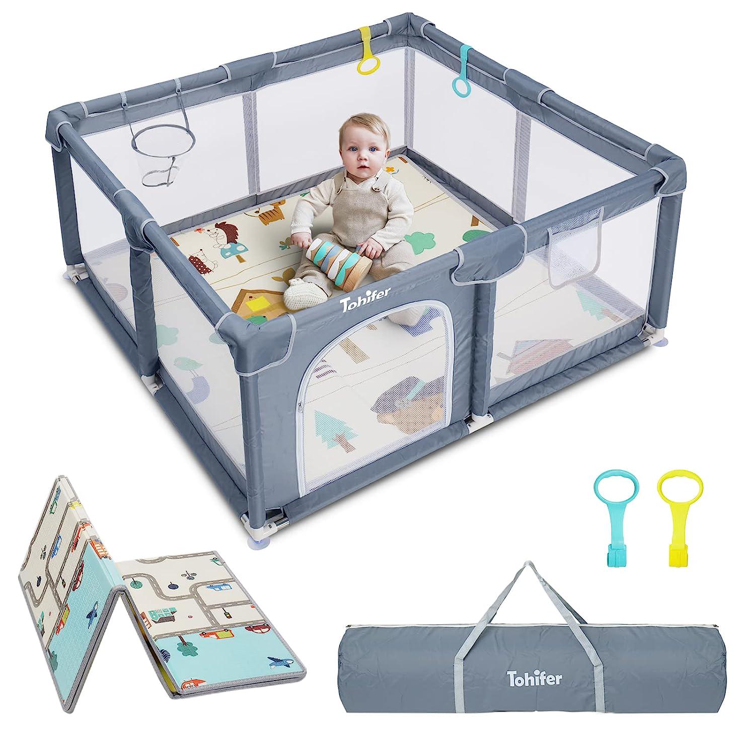 Baby Playpen with Mat, Large Baby Playard for Toddler, BPA-Free, Non-Toxic, Safe No Gaps Play Yard for Babies, Indoor and Outdoor Kids Activity Center 47 x47 x26.5 with 0.4 Foldable Playmat-