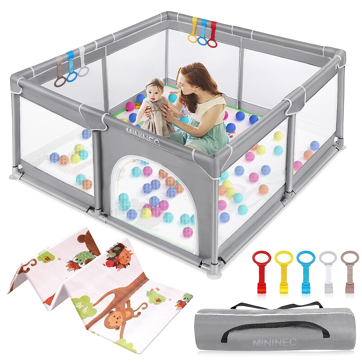 Baby Playpen with Mat,70 x59 Baby Playpen for Babies and Toddlers,Kids Playard Activity Center with Anti-Slip Design,Zipper Gates with Visible Mesh,Hand Rings Dark Grey-