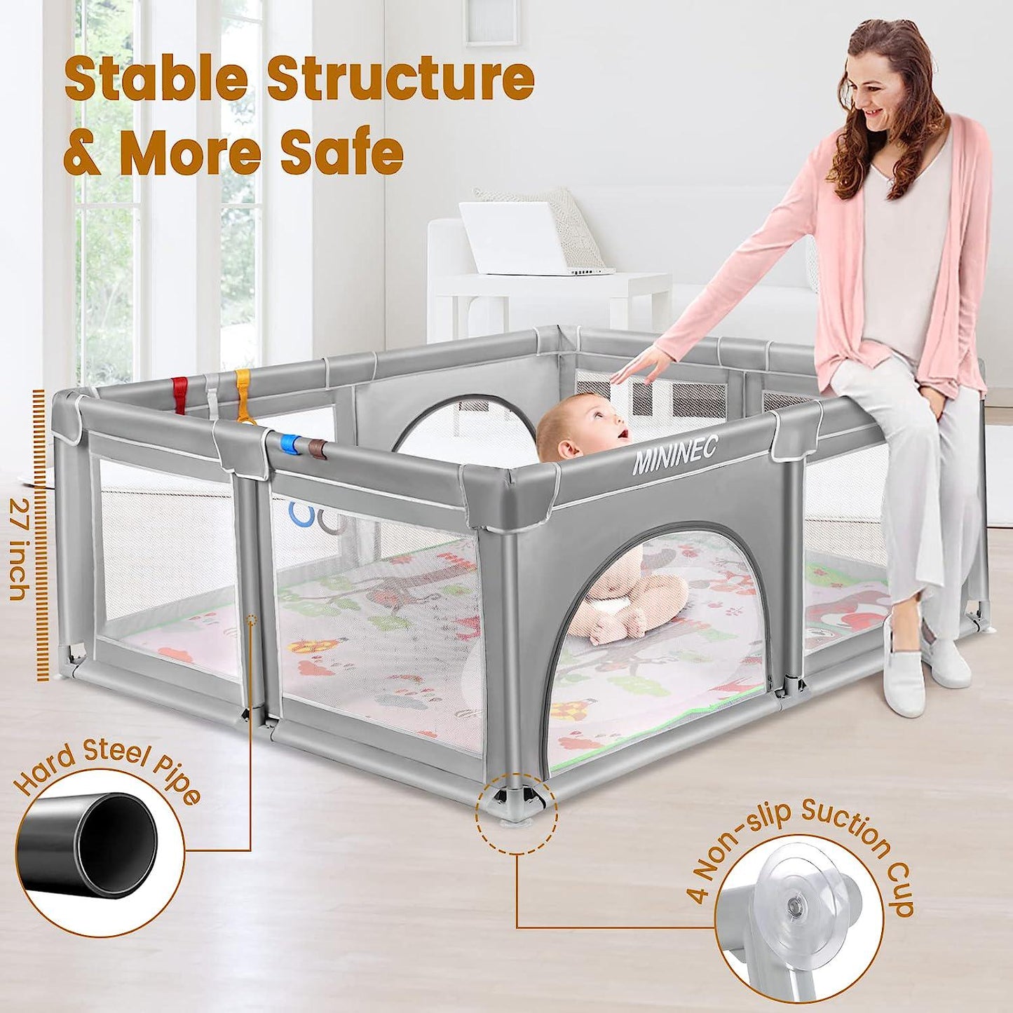 Baby Playpen with Mat,70 x59 Baby Playpen for Babies and Toddlers,Kids Playard Activity Center with Anti-Slip Design,Zipper Gates