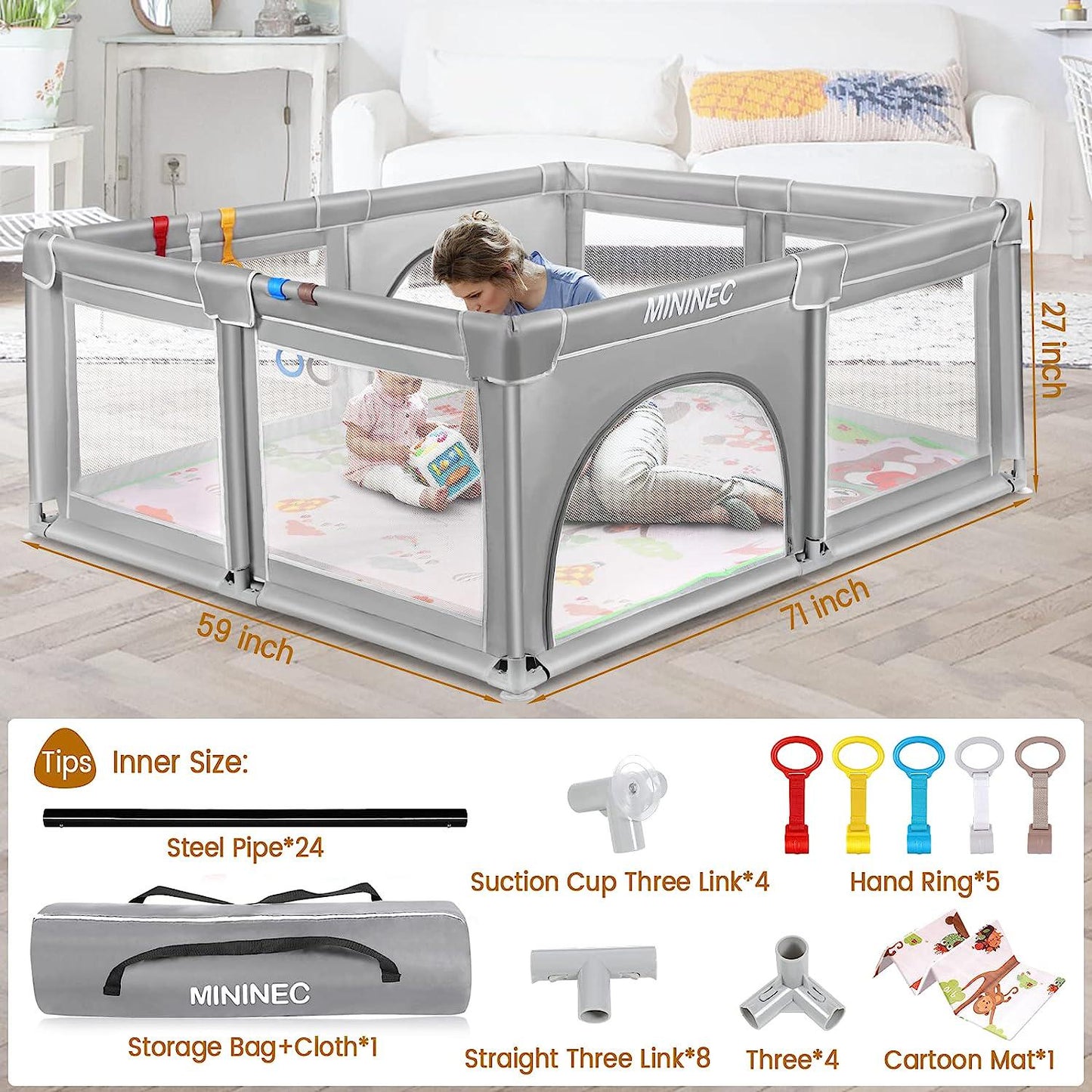 Baby Playpen with Mat,70 x59 Baby Playpen for Babies and Toddlers,Kids Playard Activity Center with Anti-Slip Design,Zipper Gates