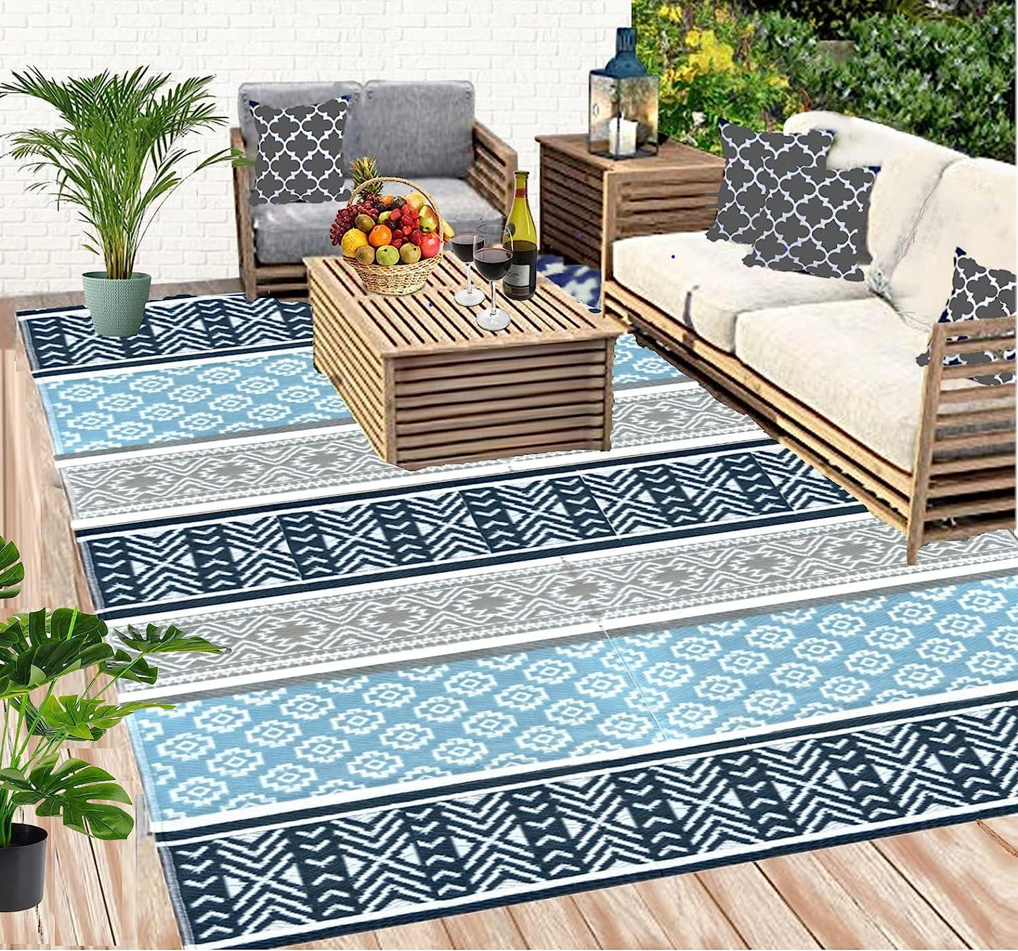 Premium Outdoor Plastic Patio Rugs 6x9, Grey, Teal, Premium and Affordable, Multipurpose