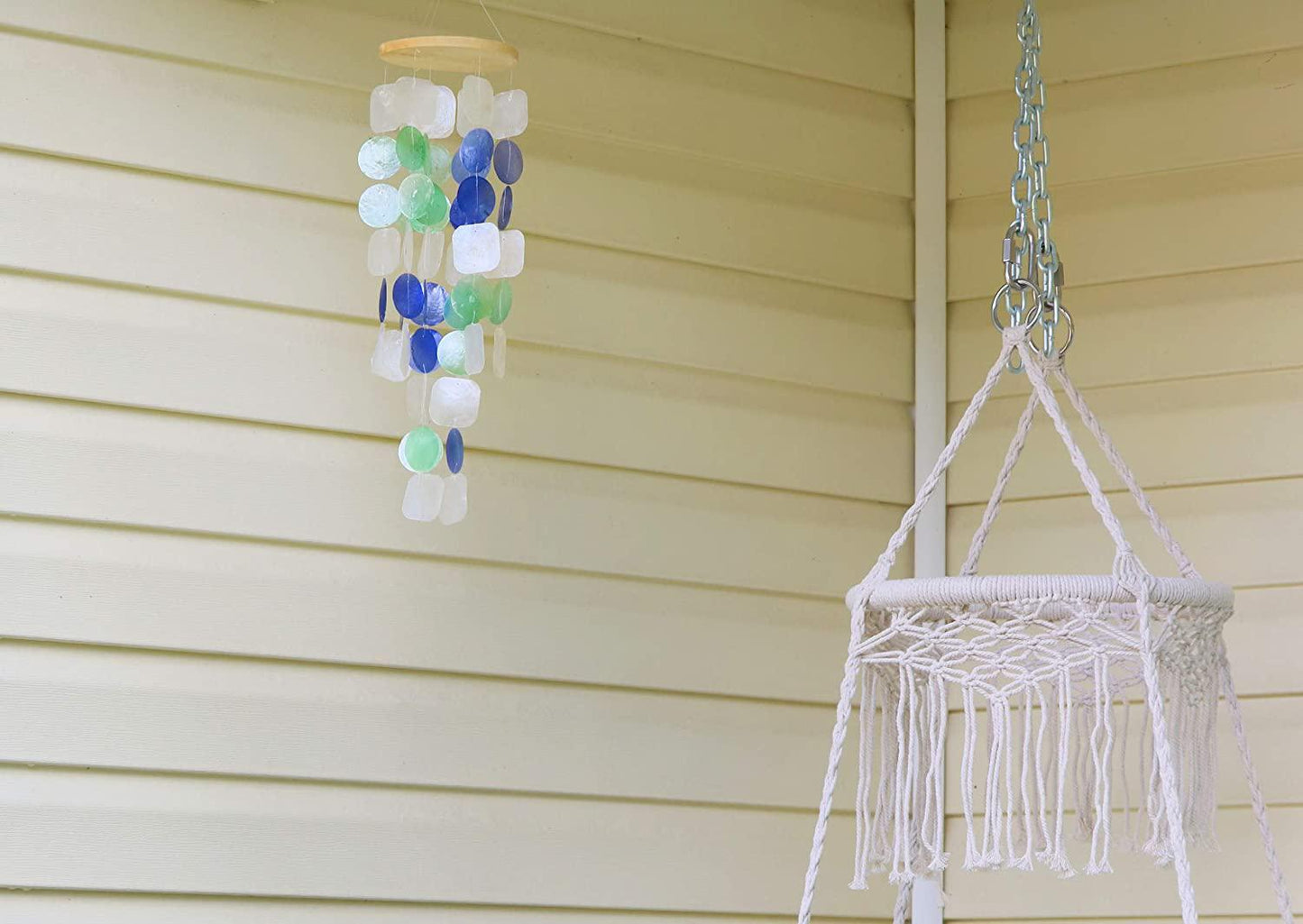 Capiz Sea Shell Decorative Blue and White Wind Chime Tropical Beach Windchime Decor Ocean Decor Decoration Multi