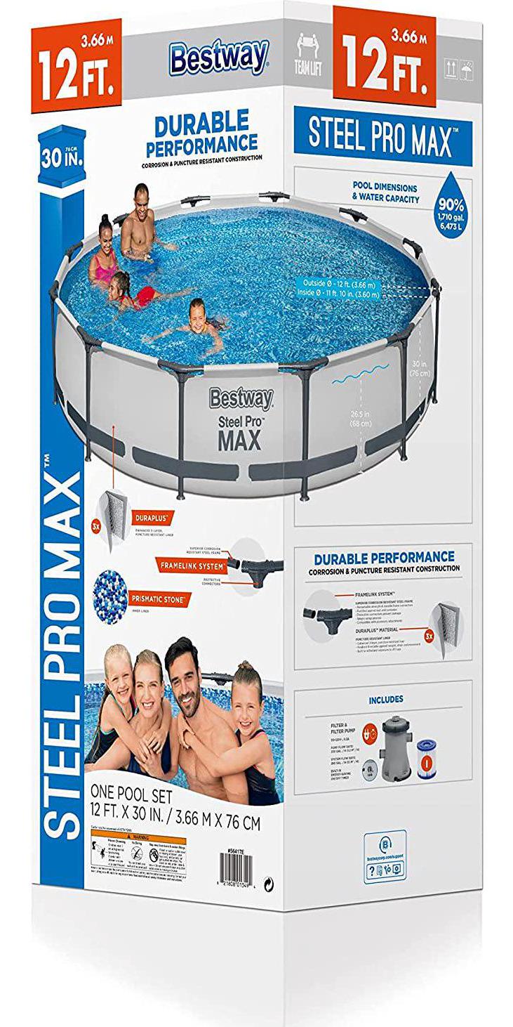 Bestway Steel Pro MAX 12 Foot x 30 Inch Round Metal Frame Above Ground Outdoor Backyard Swimming Pool Set with 330 GPH Filter Pump