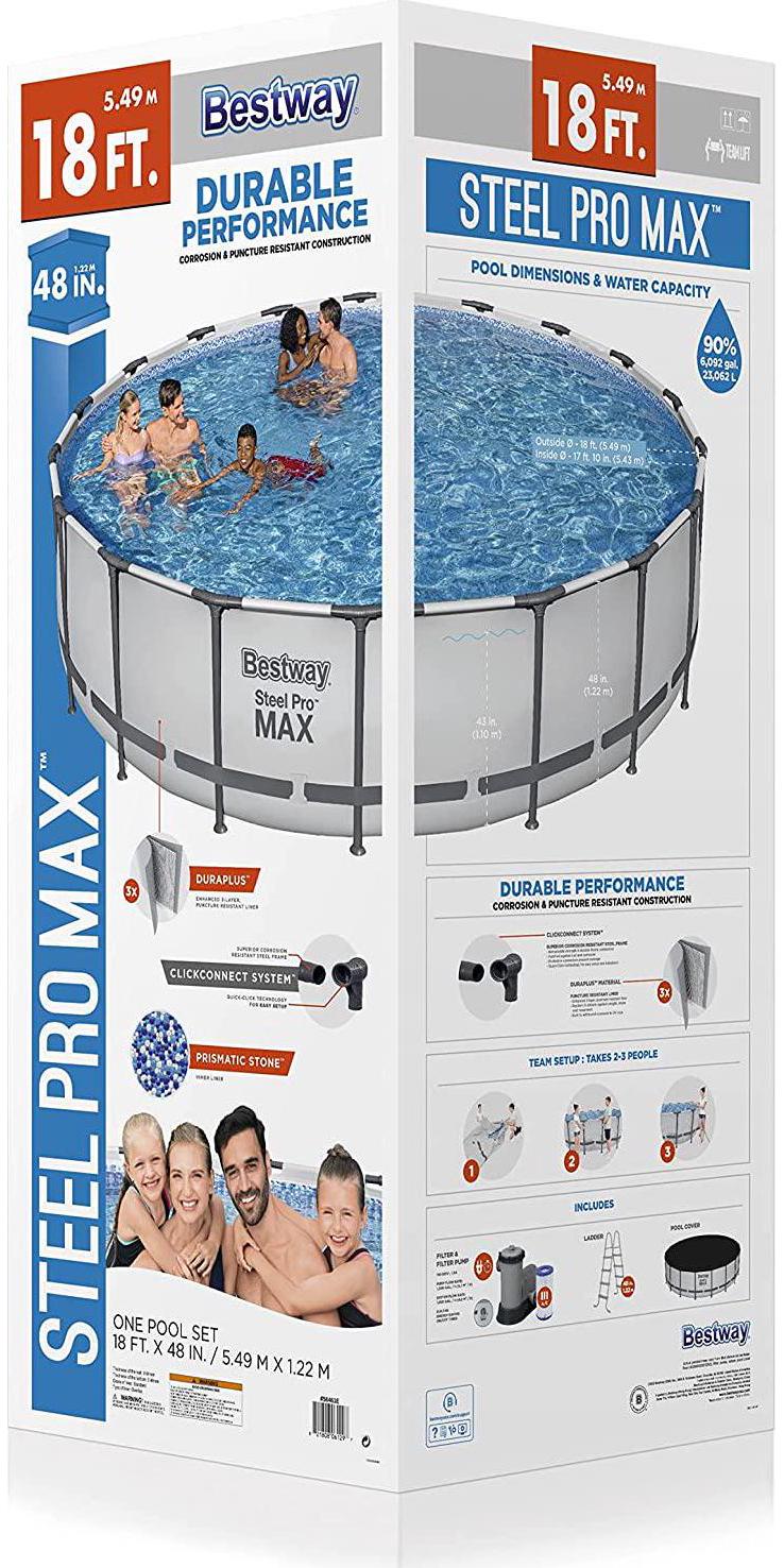 Bestway Steel Pro MAX 18 Foot x 48 Inch Round Metal Frame Above Ground Outdoor Swimming Pool Set with 1,000 Filter Pump, Ladder, and Cover