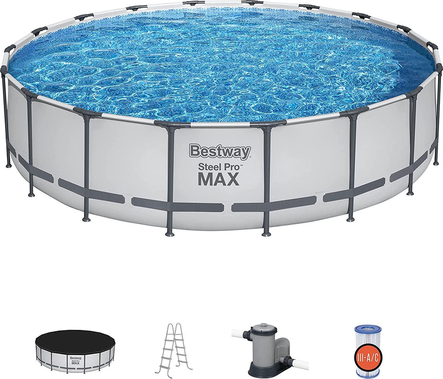 Bestway Steel Pro MAX 18 Foot x 48 Inch Round Metal Frame Above Ground Outdoor Swimming Pool Set with 1,000 Filter Pump, Ladder, and Cover