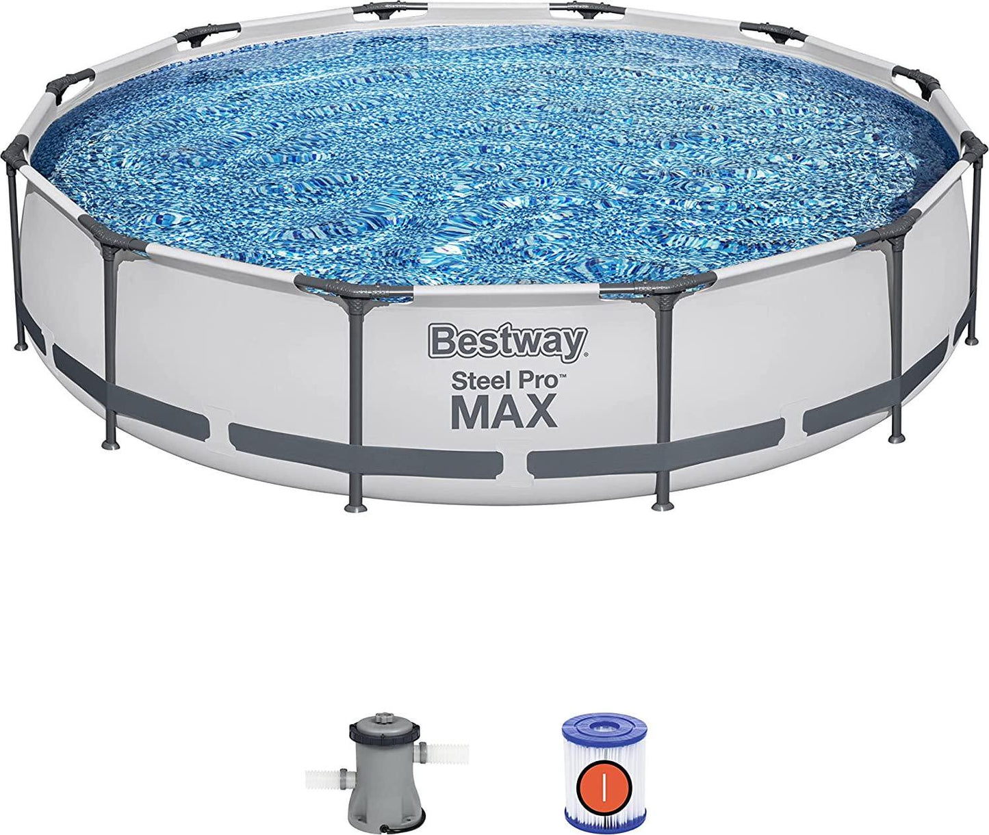 Bestway Steel Pro MAX 12 Foot x 30 Inch Round Metal Frame Above Ground Outdoor Backyard Swimming Pool Set with 330 GPH Filter Pump