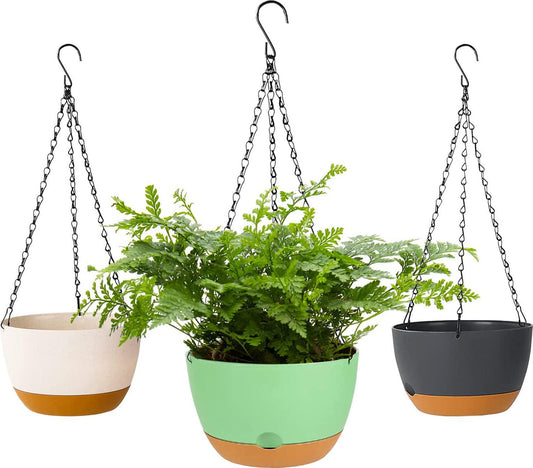 Bevgems 3 Pack 8.26 Inch Hanging Planters, Plastic Self-Watering Hanging Flower Plant Pot, Decorative Flower Pot Holder with Drainage Holes and Removable Tray for Indoor Outdoor Plants,Flowers, Herbs-