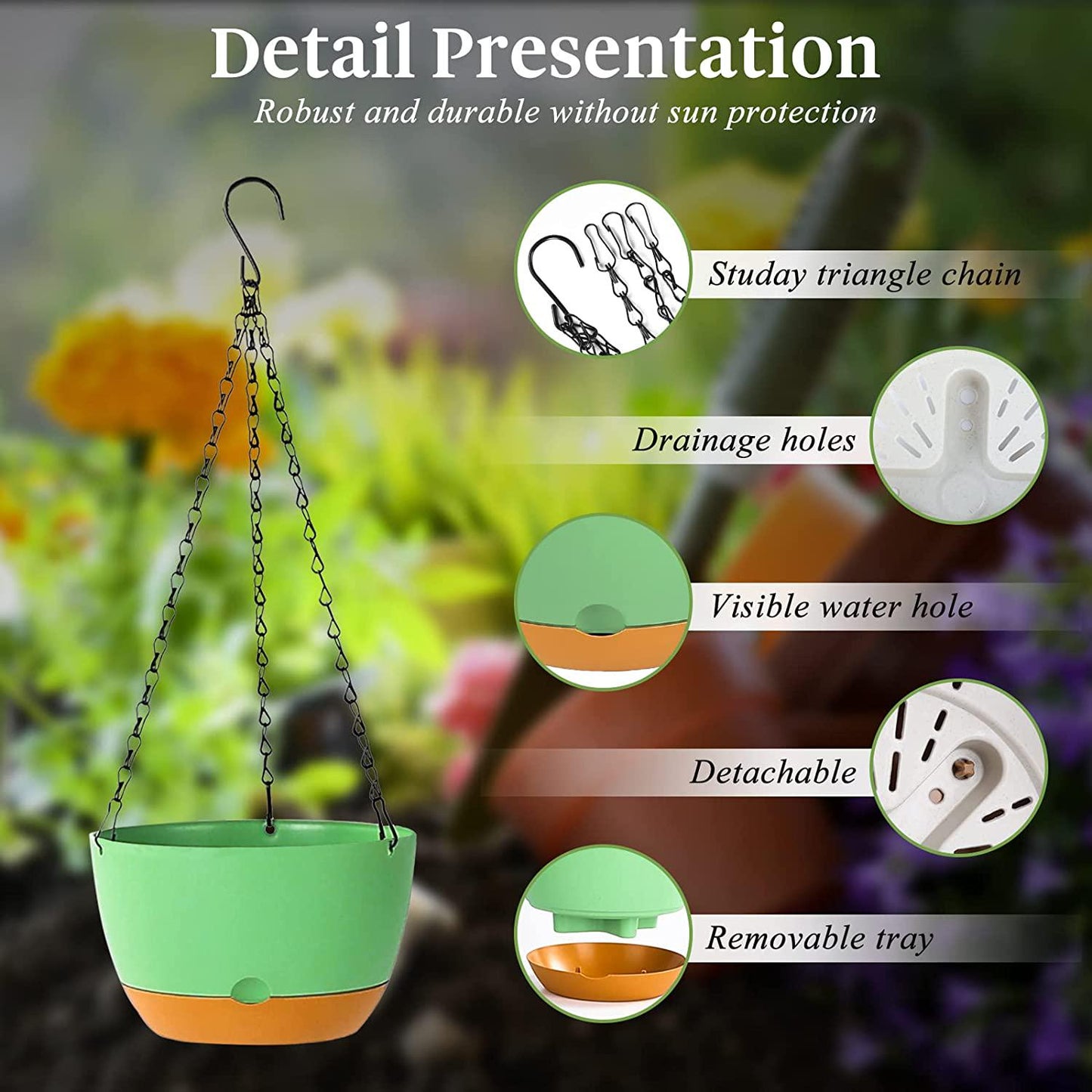 Bevgems 3 Pack 8.26 Inch Hanging Planters, Plastic Self-Watering Hanging Flower Plant Pot, Decorative Flower Pot Holder with Drainage Holes and Removable Tray for Indoor Outdoor Plants,Flowers, Herbs