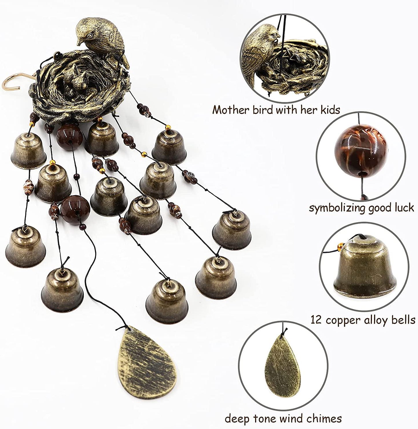 Bird Nest Wind Chimes,Wind Chimes for Outside with 12 Wind Bells for Glory Mothers Love Gift,Bird Bells Chimes Hanging Decoration for Outside Garden Yard Church