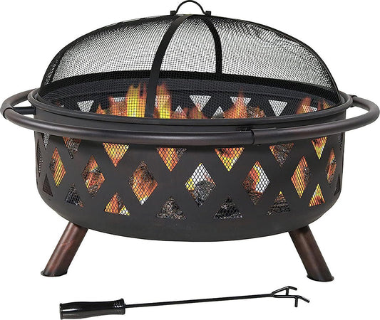 Black Crossweave Large Outdoor Fire Pit - 36-Inch Heavy-Duty Wood-Burning Fire Pit with Spark Screen for Patio and Backyard Bonfires - Includes Poker and Round Fire Pit Cover-