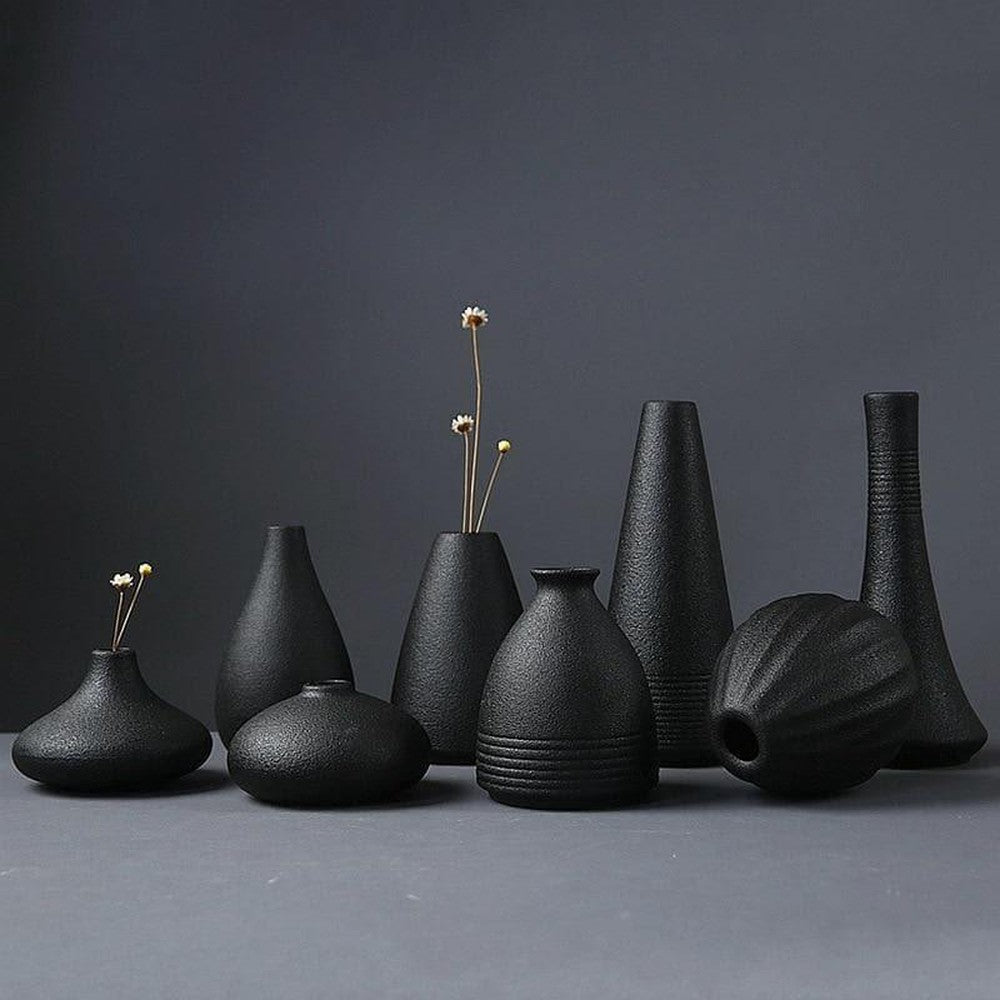 Black as Night Textured Ceramic Vases-Vases